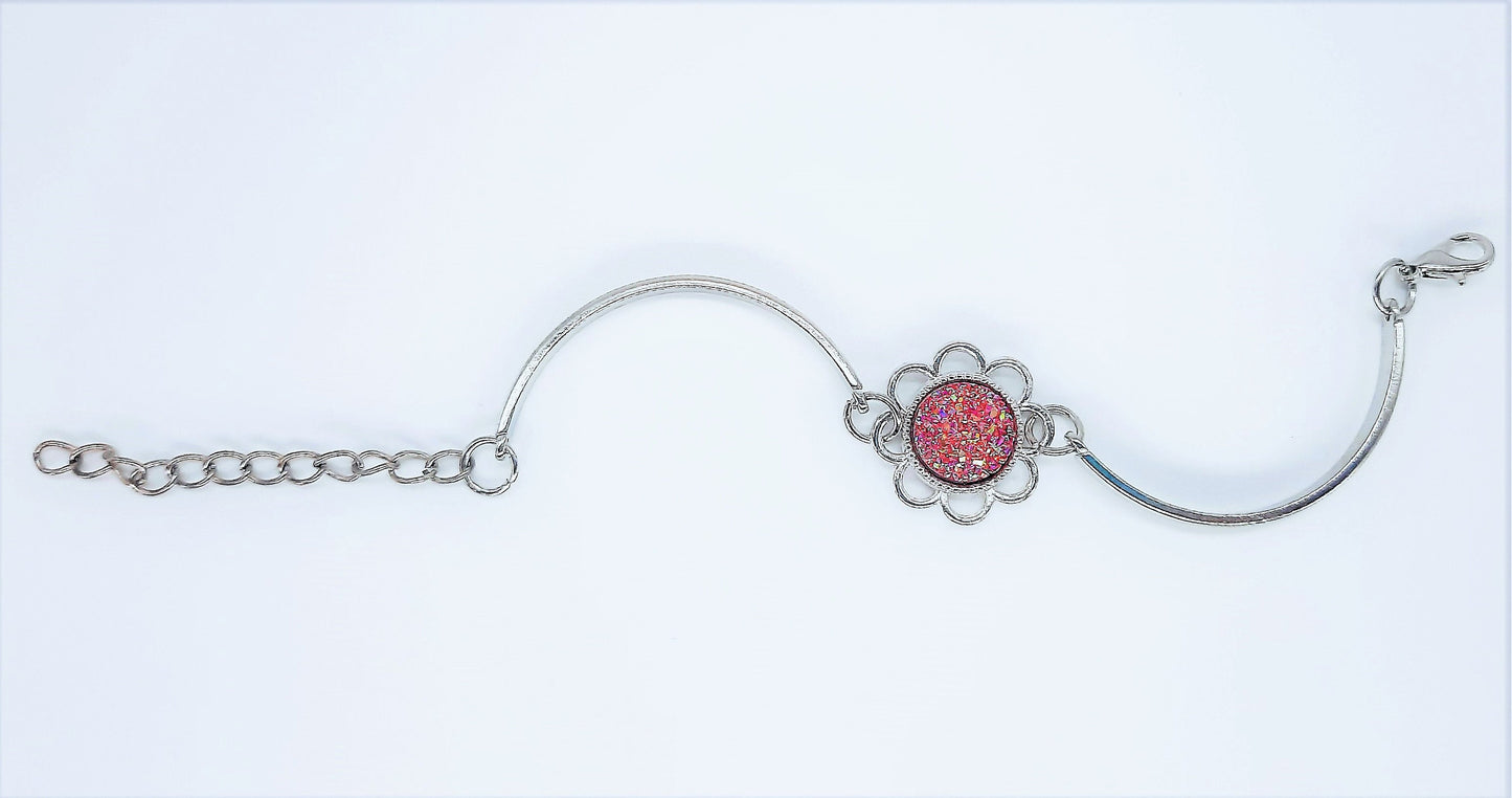 Handcrafted Flower Power Iridescent Pink Druzy Stainless Steel Adjustable Bangle Bracelet - Hypoallergenic