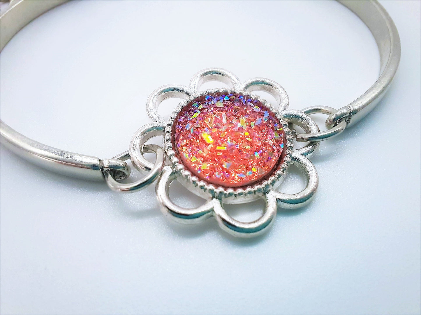 Handcrafted Flower Power Iridescent Pink Druzy Stainless Steel Adjustable Bangle Bracelet - Hypoallergenic