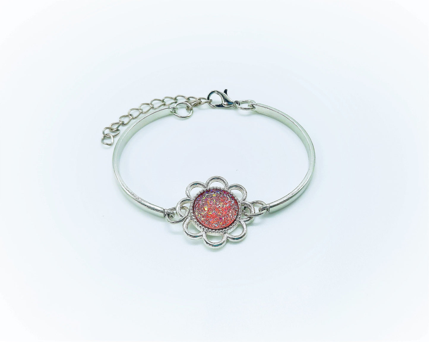 Handcrafted Flower Power Iridescent Pink Druzy Stainless Steel Adjustable Bangle Bracelet - Hypoallergenic