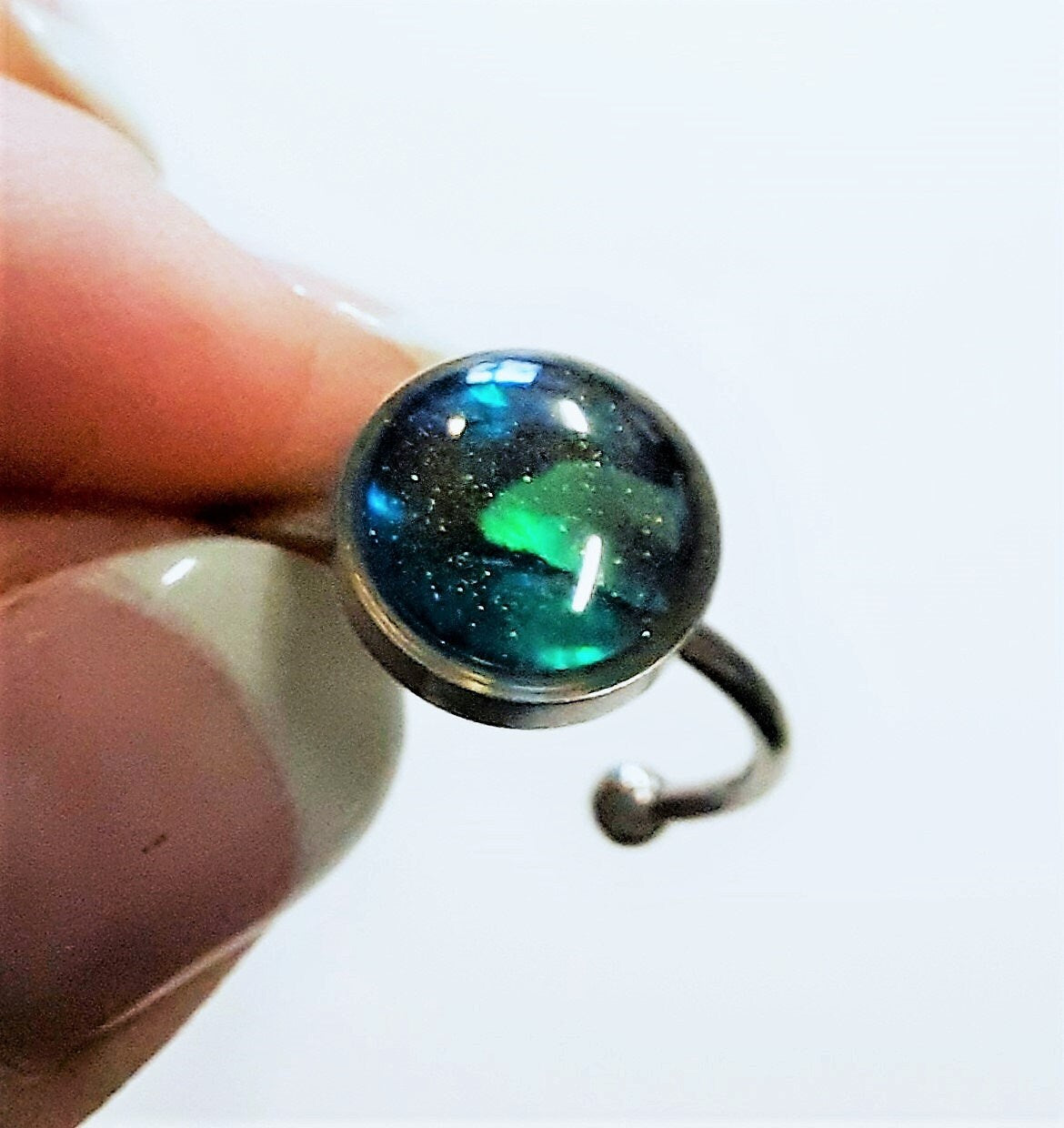 Handcrafted / Handmade Abalone Shell and Holographic Powder Infused Resin, Hypoallergenic Silver Stainless Steel Cuff Finger Ring, Size 8