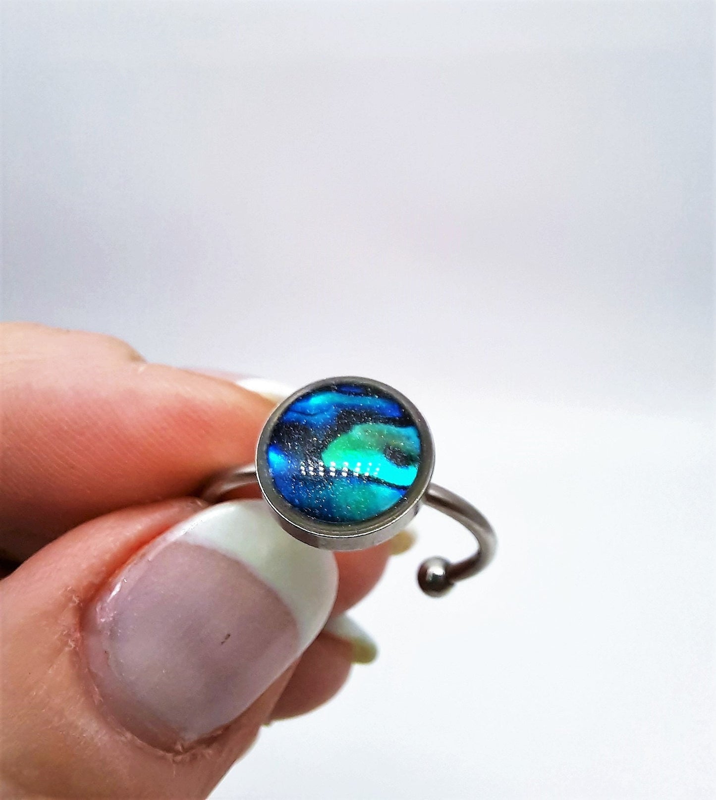 Handcrafted / Handmade Abalone Shell and Holographic Powder Infused Resin, Hypoallergenic Silver Stainless Steel Cuff Finger Ring, Size 8