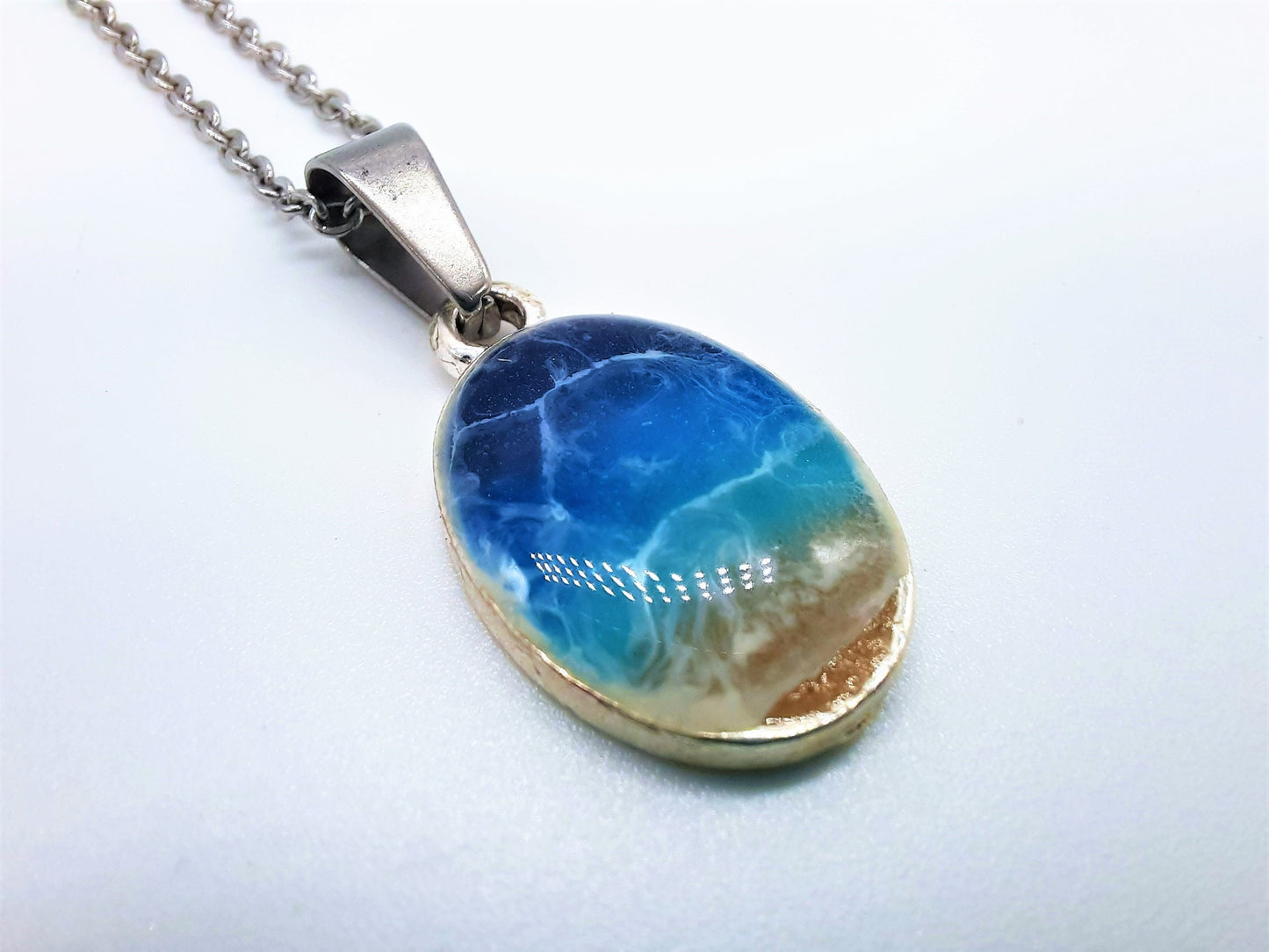 Resin Waves Small Oval Shaped Ocean Pendant / Beach Scene Necklace, Handmade Made with Resin & Real Sand - One of a Kind - Not a Photograph!