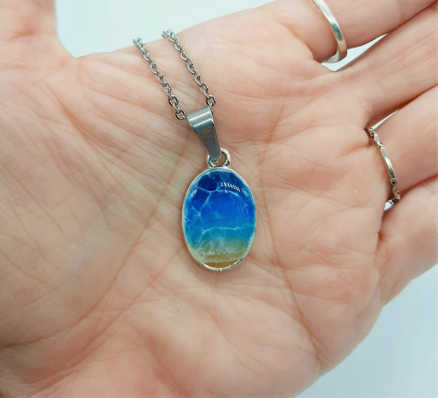 Resin Waves Small Oval Shaped Ocean Pendant / Beach Scene Necklace, Handmade Made with Resin & Real Sand - One of a Kind - Not a Photograph!