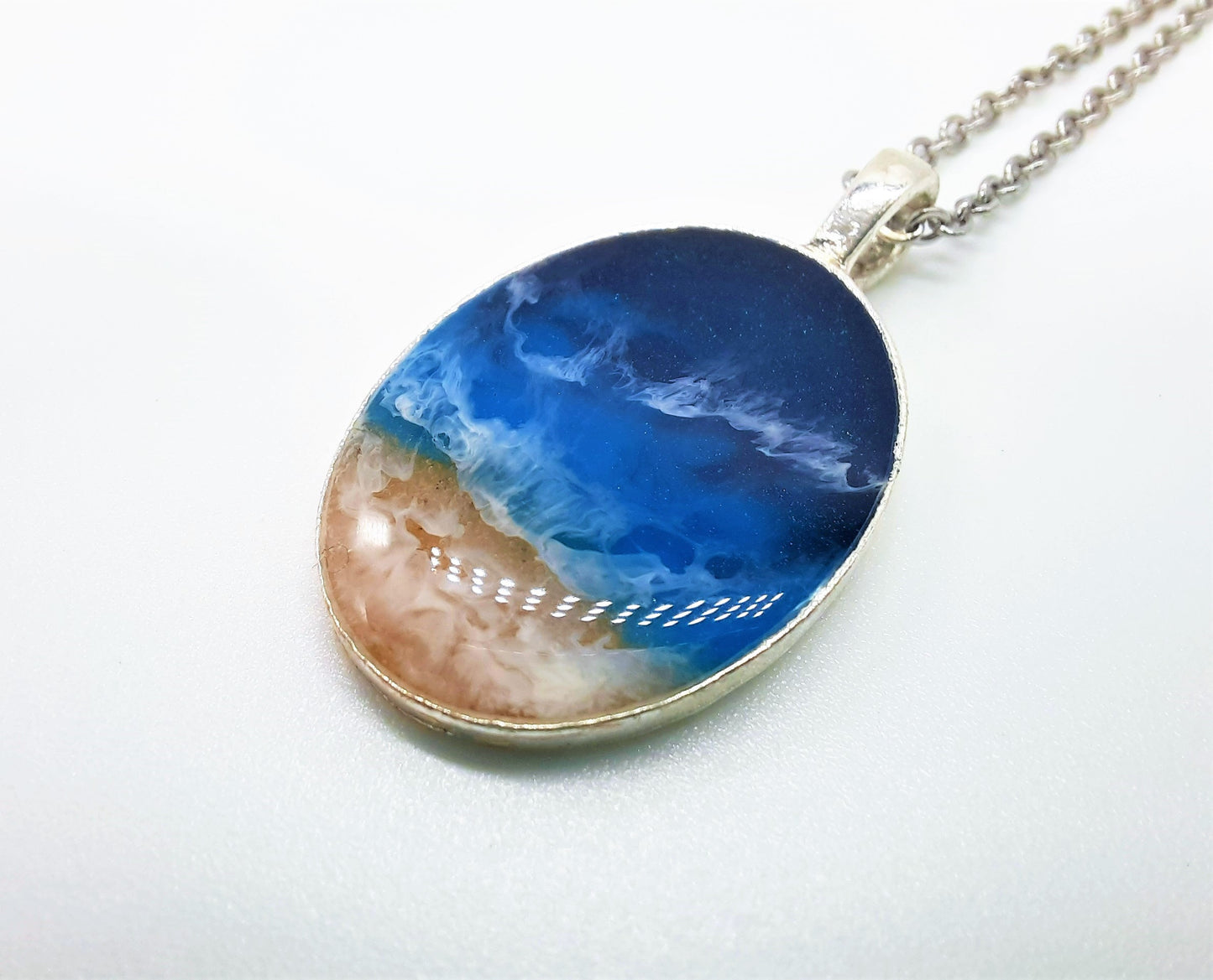 Resin Waves Large Oval Shaped Ocean Pendant / Beach Scene Necklace, Handmade Made with Resin & Real Sand - One of a Kind - Not a Photograph!