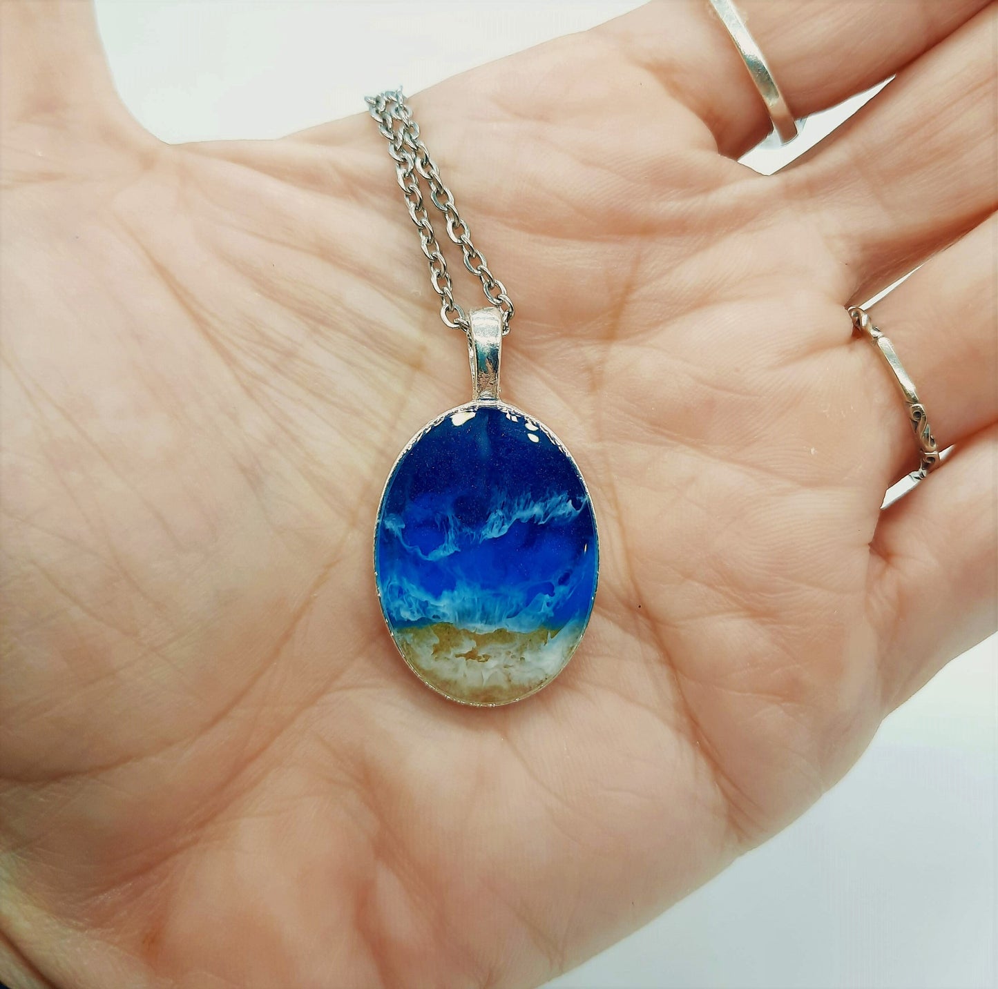 Resin Waves Large Oval Shaped Ocean Pendant / Beach Scene Necklace, Handmade Made with Resin & Real Sand - One of a Kind - Not a Photograph!