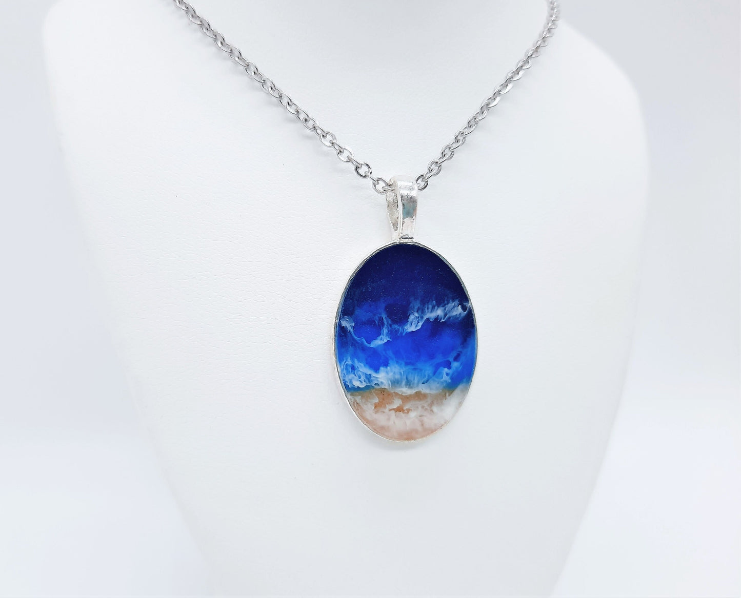 Resin Waves Large Oval Shaped Ocean Pendant / Beach Scene Necklace, Handmade Made with Resin & Real Sand - One of a Kind - Not a Photograph!