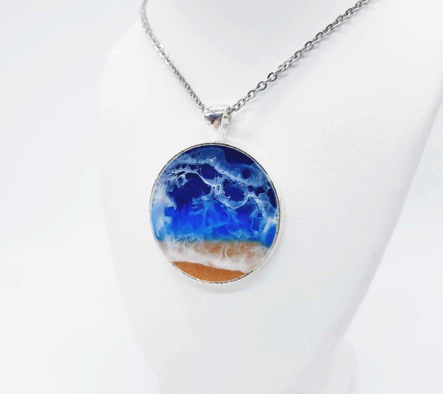 Resin Waves Large Round Shaped Ocean Pendant / Beach Scene Necklace, Handmade with Resin & Real Sand - One of a Kind - Not a Photograph!