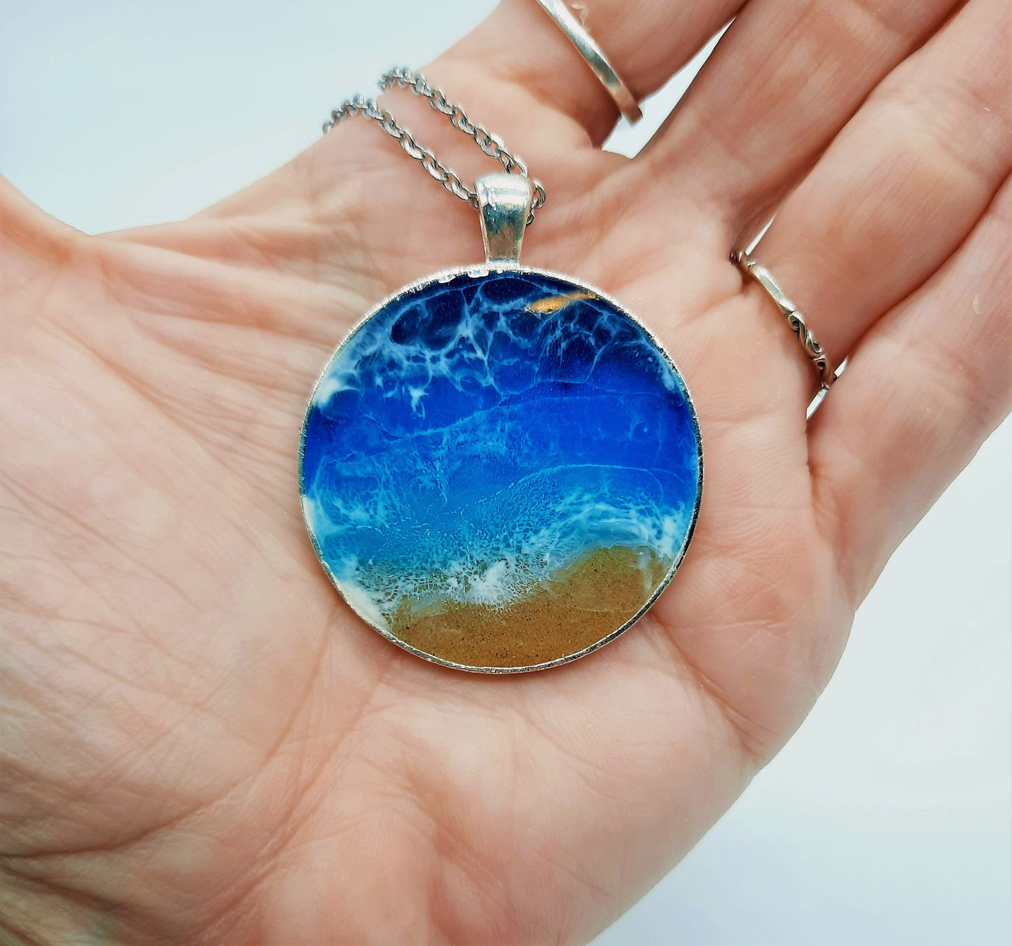 Resin Waves Extra Large Round Shaped Ocean Pendant / Beach Scene Necklace, Handmade w/ Resin & Real Sand - One of a Kind - Not a Photograph!
