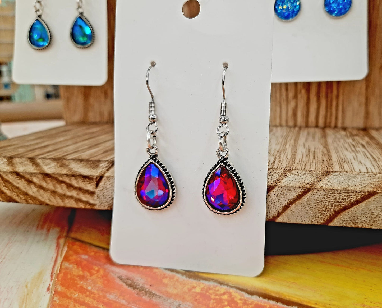 Handmade / Handcrafted Antiqued Silver Pink / Red Rhinestone Teardrop Pendant Earrings - Hypoallergenic Stainless Steel Ear Wire Hooks