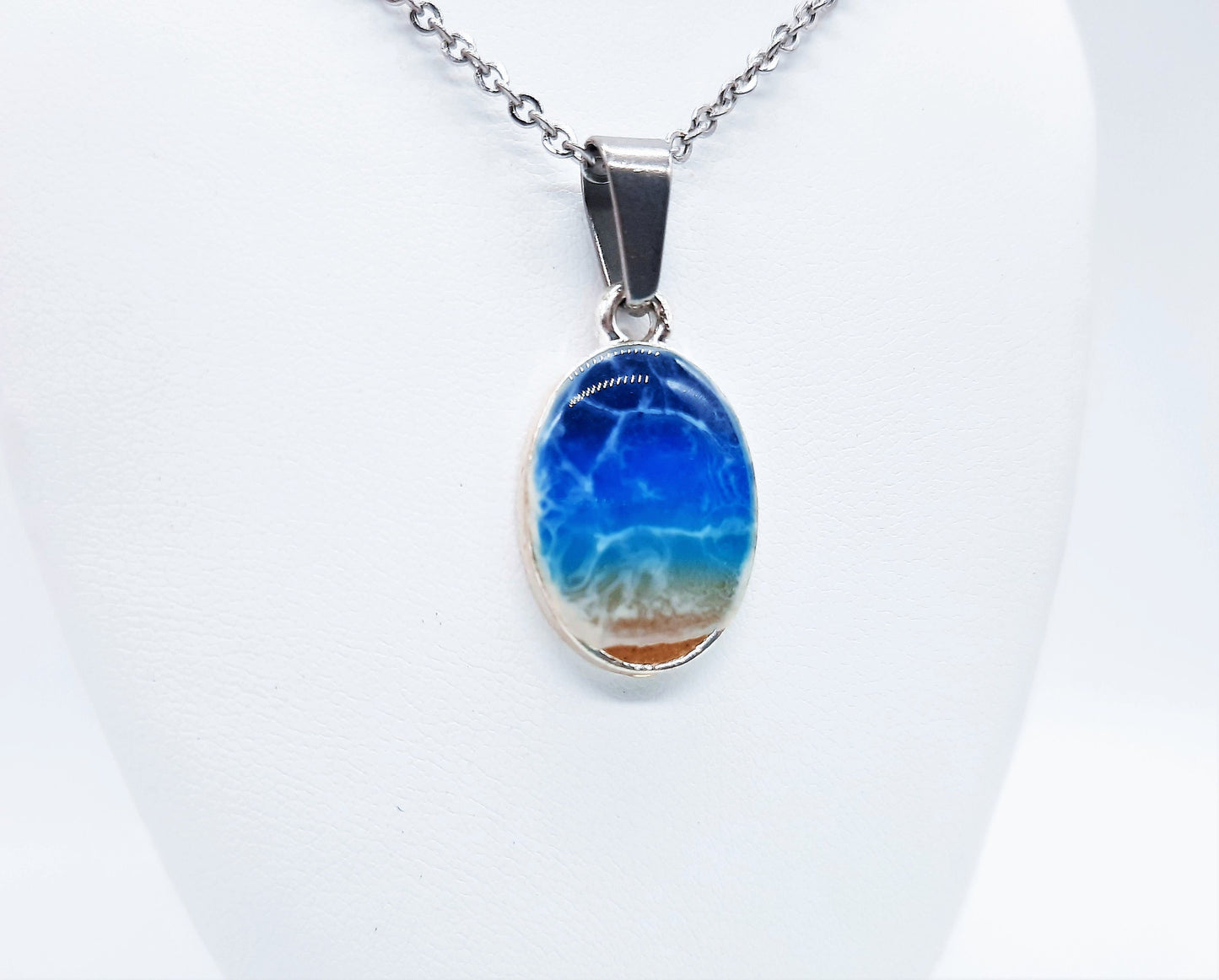 Resin Waves Small Oval Shaped Ocean Pendant / Beach Scene Necklace, Handmade Made with Resin & Real Sand - One of a Kind - Not a Photograph!