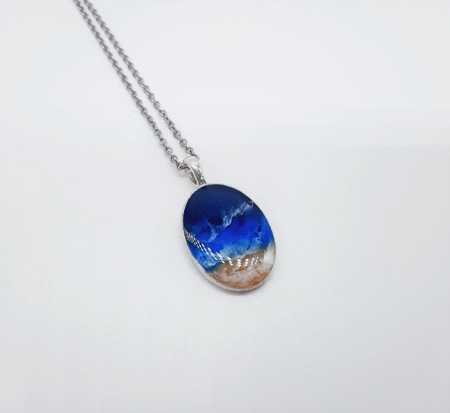 Resin Waves Large Oval Shaped Ocean Pendant / Beach Scene Necklace, Handmade Made with Resin & Real Sand - One of a Kind - Not a Photograph!