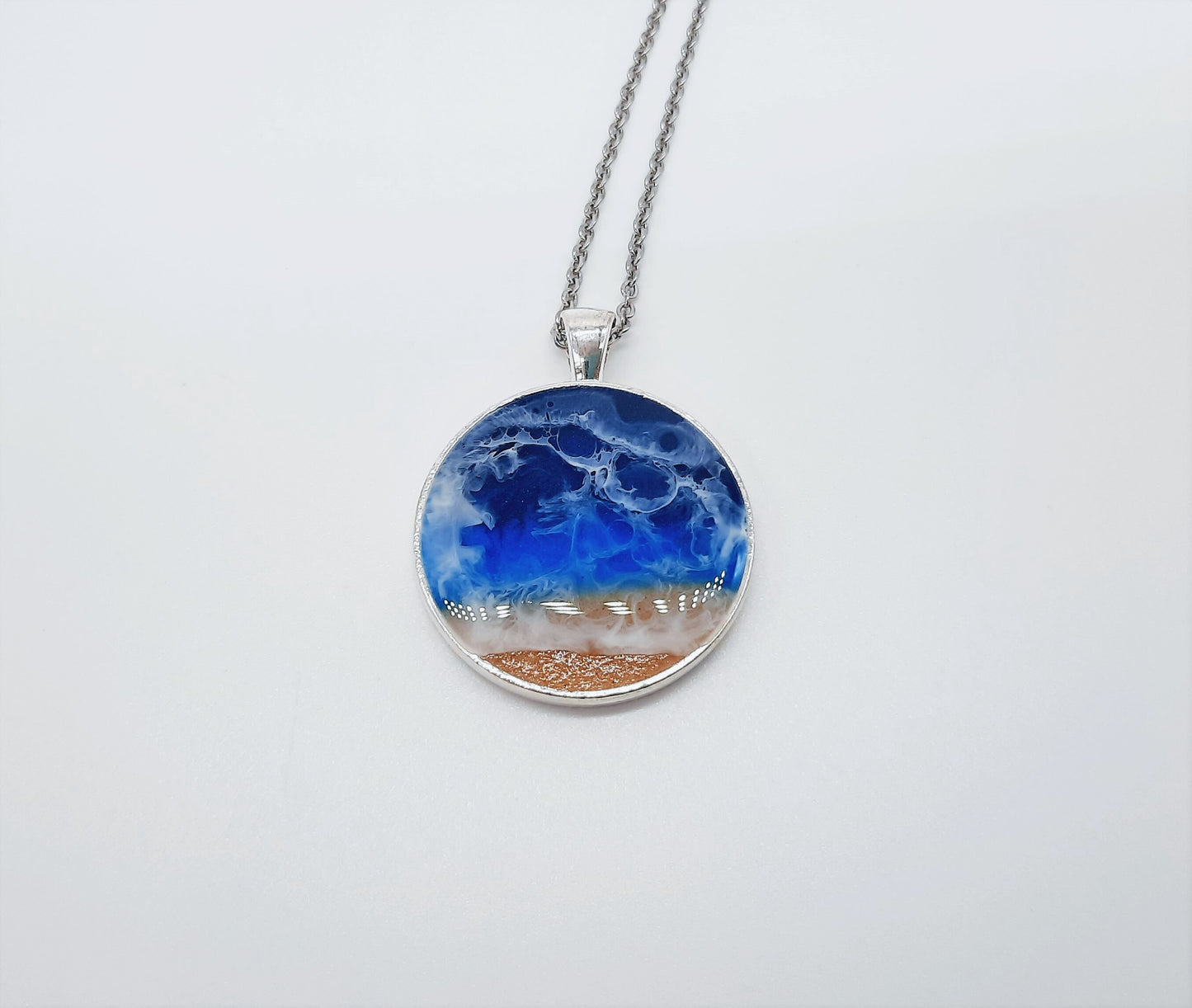 Resin Waves Large Round Shaped Ocean Pendant / Beach Scene Necklace, Handmade with Resin & Real Sand - One of a Kind - Not a Photograph!