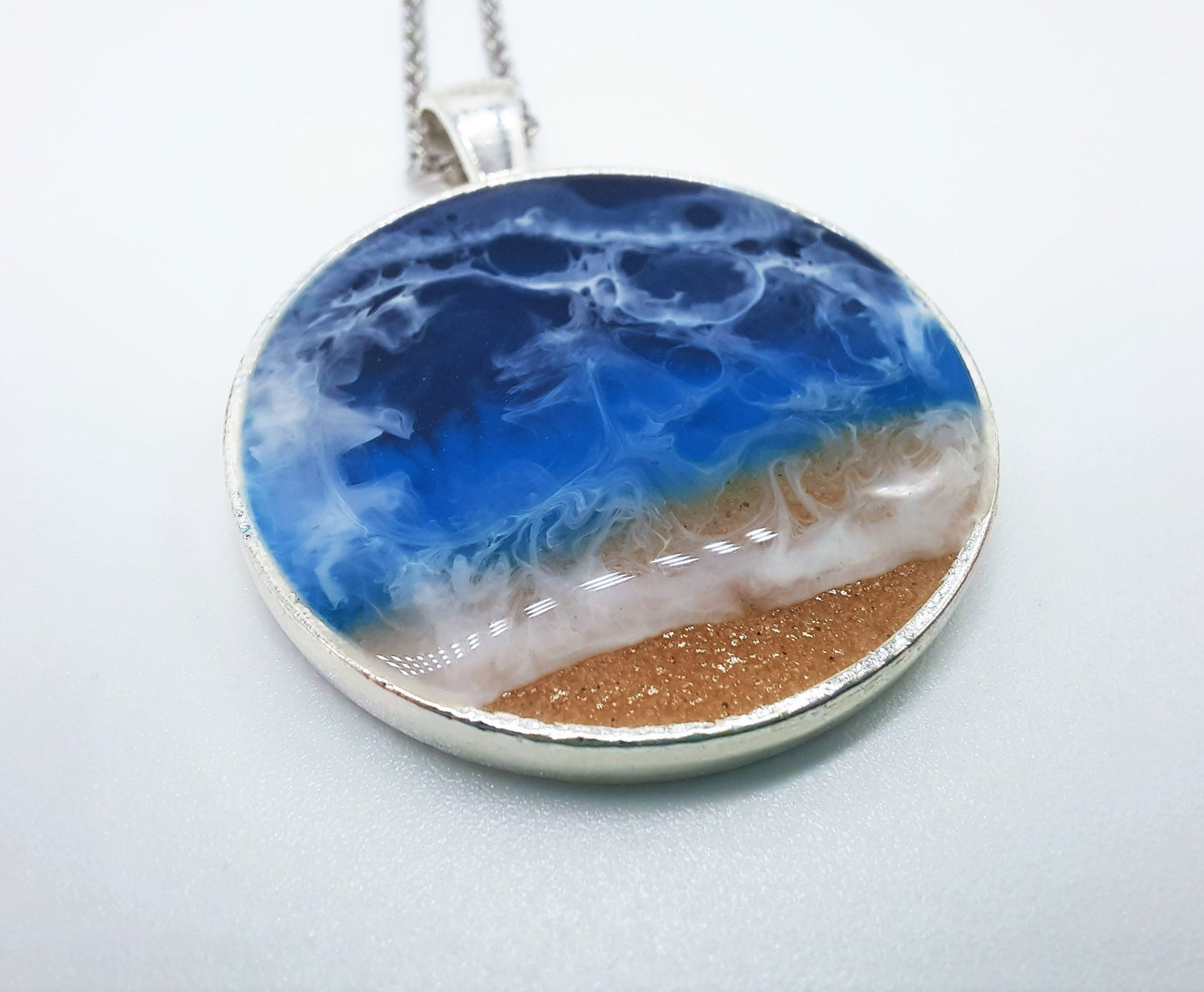 Resin Waves Large Round Shaped Ocean Pendant / Beach Scene Necklace, Handmade with Resin & Real Sand - One of a Kind - Not a Photograph!
