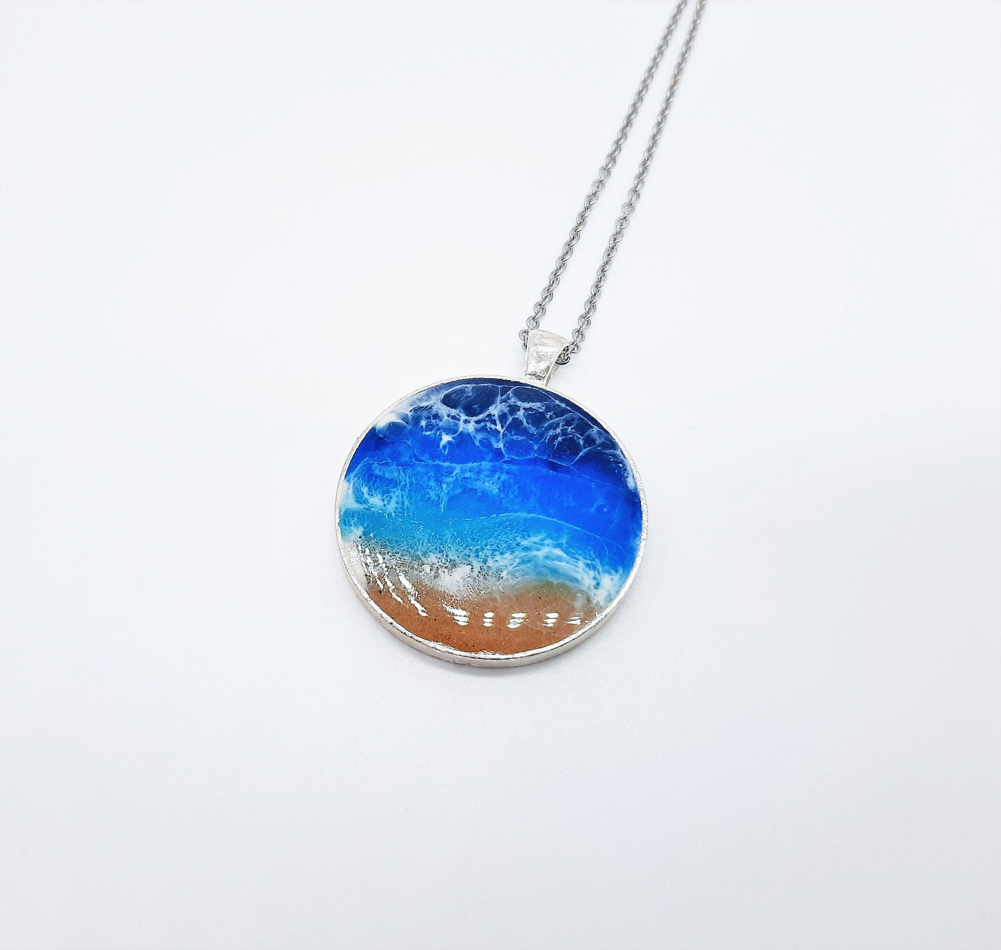 Resin Waves Extra Large Round Shaped Ocean Pendant / Beach Scene Necklace, Handmade w/ Resin & Real Sand - One of a Kind - Not a Photograph!