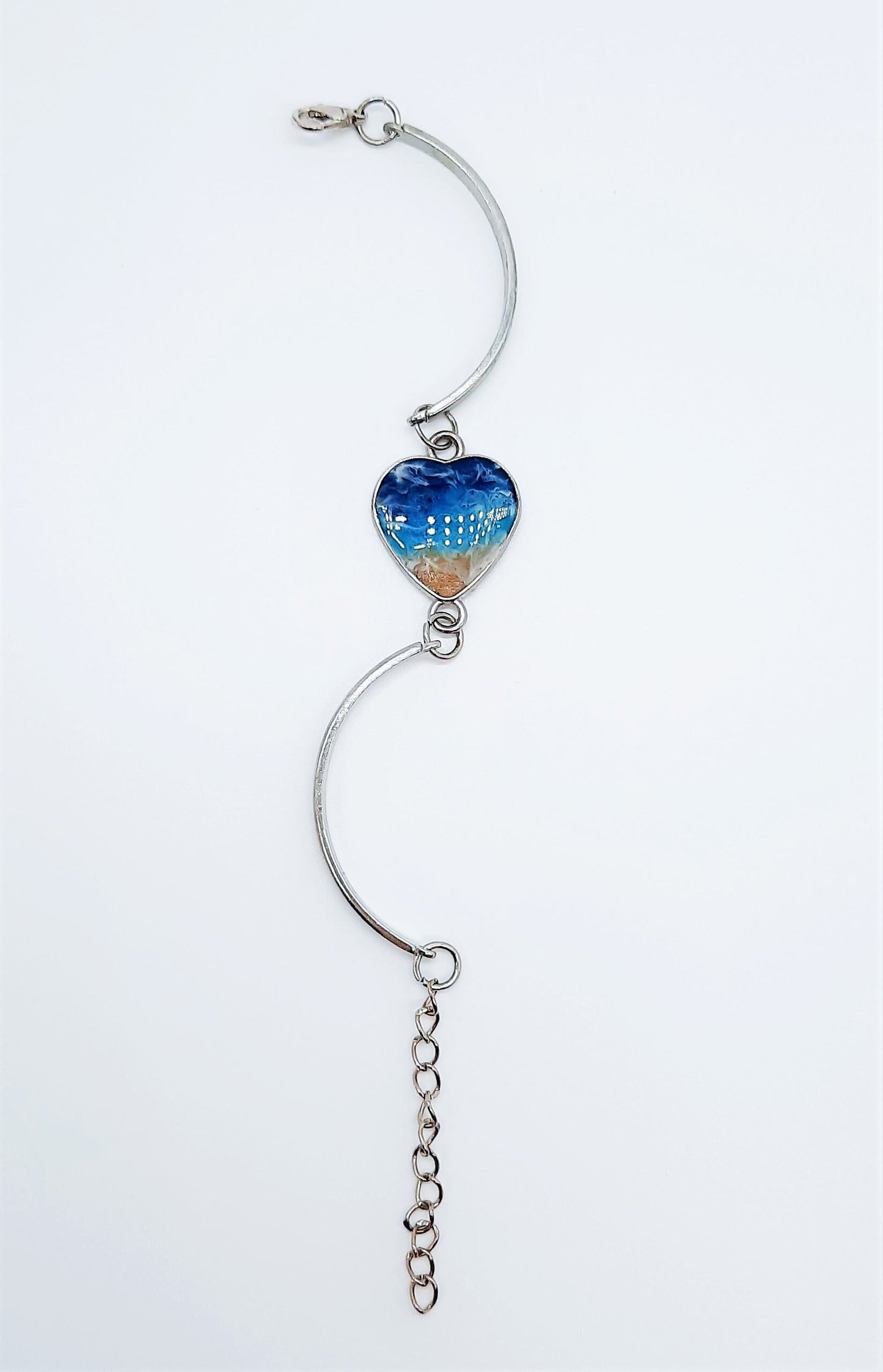 Resin Waves Ocean Bracelet / Heart Shaped, Silver Stainless Steel, Adjustable Bracelet Made w/ Real Sand, Resin, & Mica - NOT A PHOTOGRAPH!