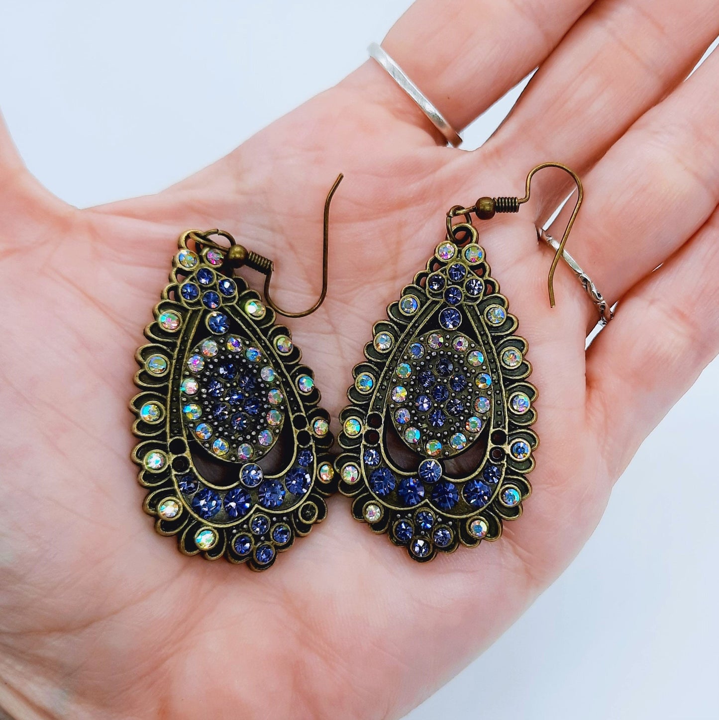 Handmade / Handcrafted Antiqued Brass / Bronze Aurora Borealis & Purple Rhinestone Intricate Filigree Teardrop Pendant Dangle Earrings