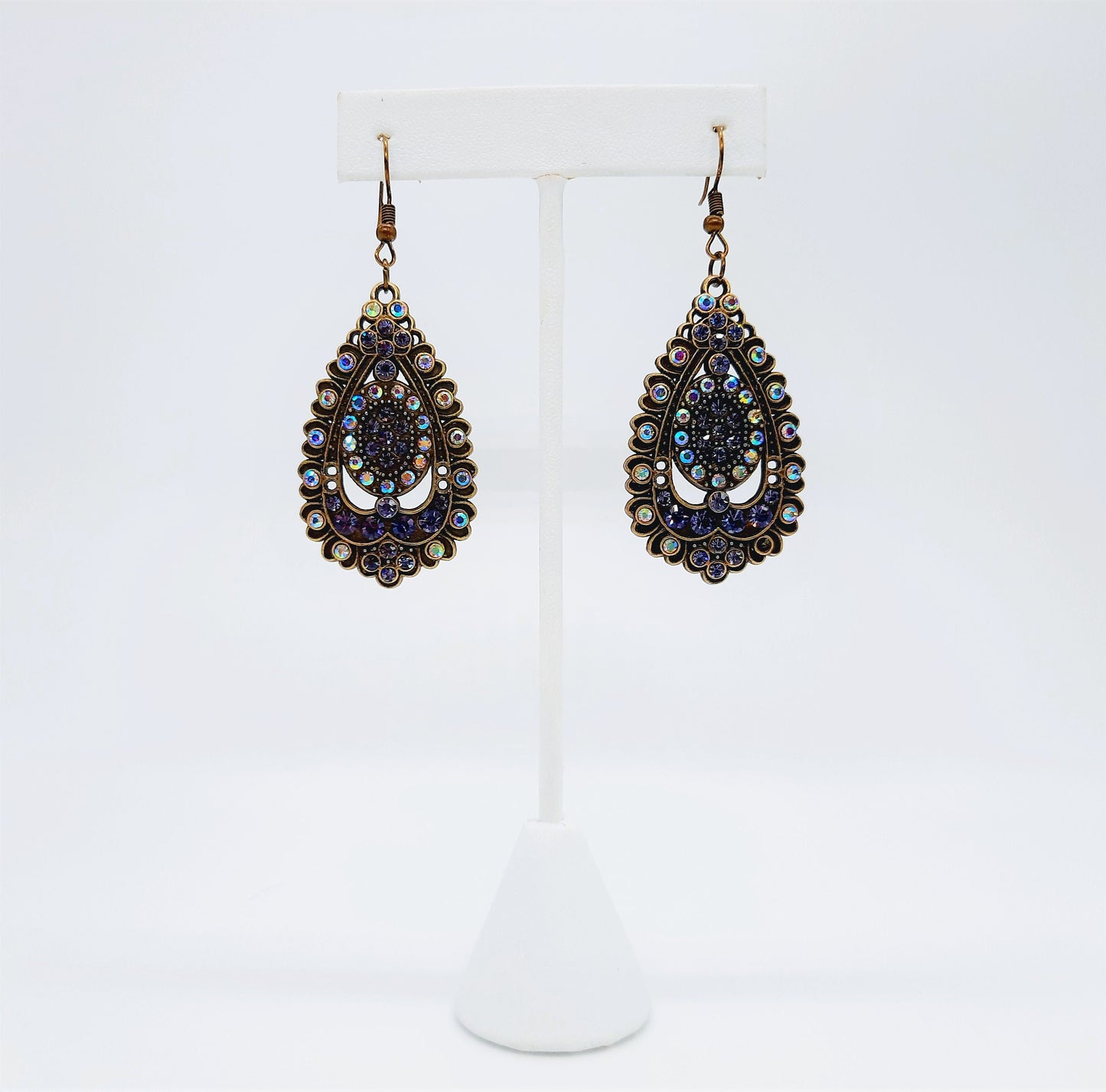 Handmade / Handcrafted Antiqued Brass / Bronze Aurora Borealis & Purple Rhinestone Intricate Filigree Teardrop Pendant Dangle Earrings