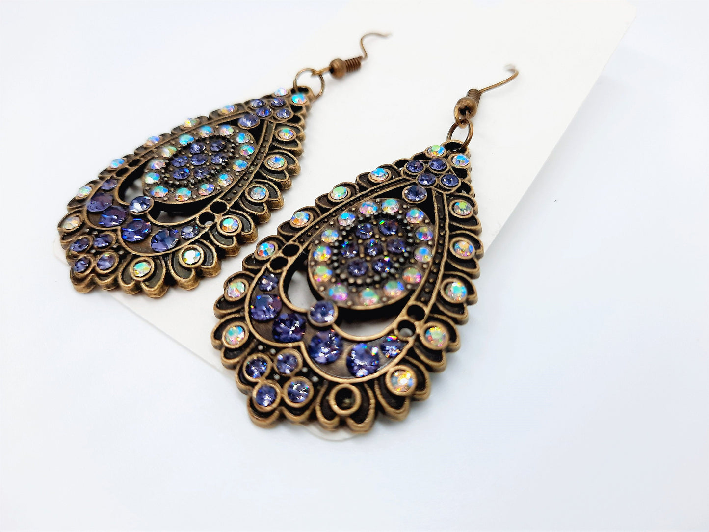 Handmade / Handcrafted Antiqued Brass / Bronze Aurora Borealis & Purple Rhinestone Intricate Filigree Teardrop Pendant Dangle Earrings