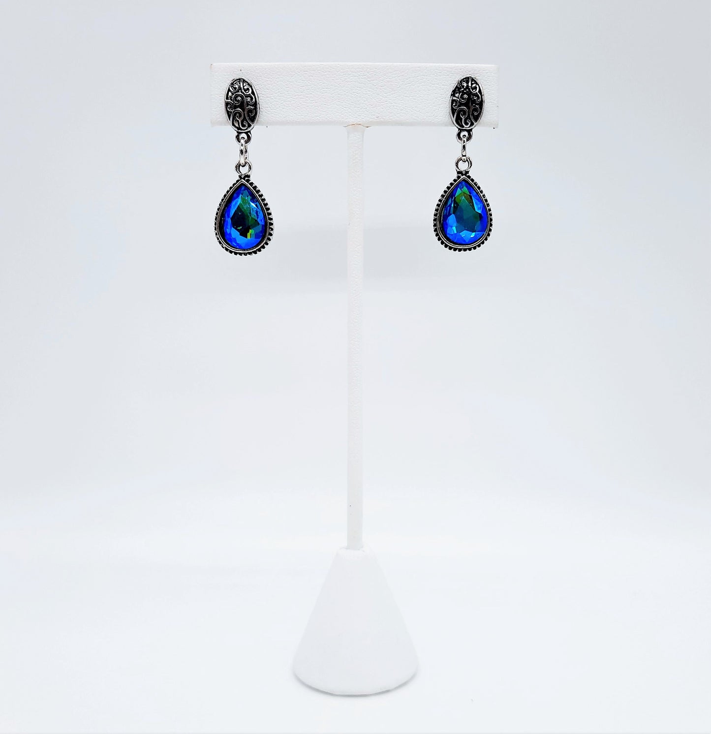 Handmade / Handcrafted Antiqued Silver Teal Blue Rhinestone Teardrop Pendant Earrings - Intricate Filigree Scroll Posts / Studs