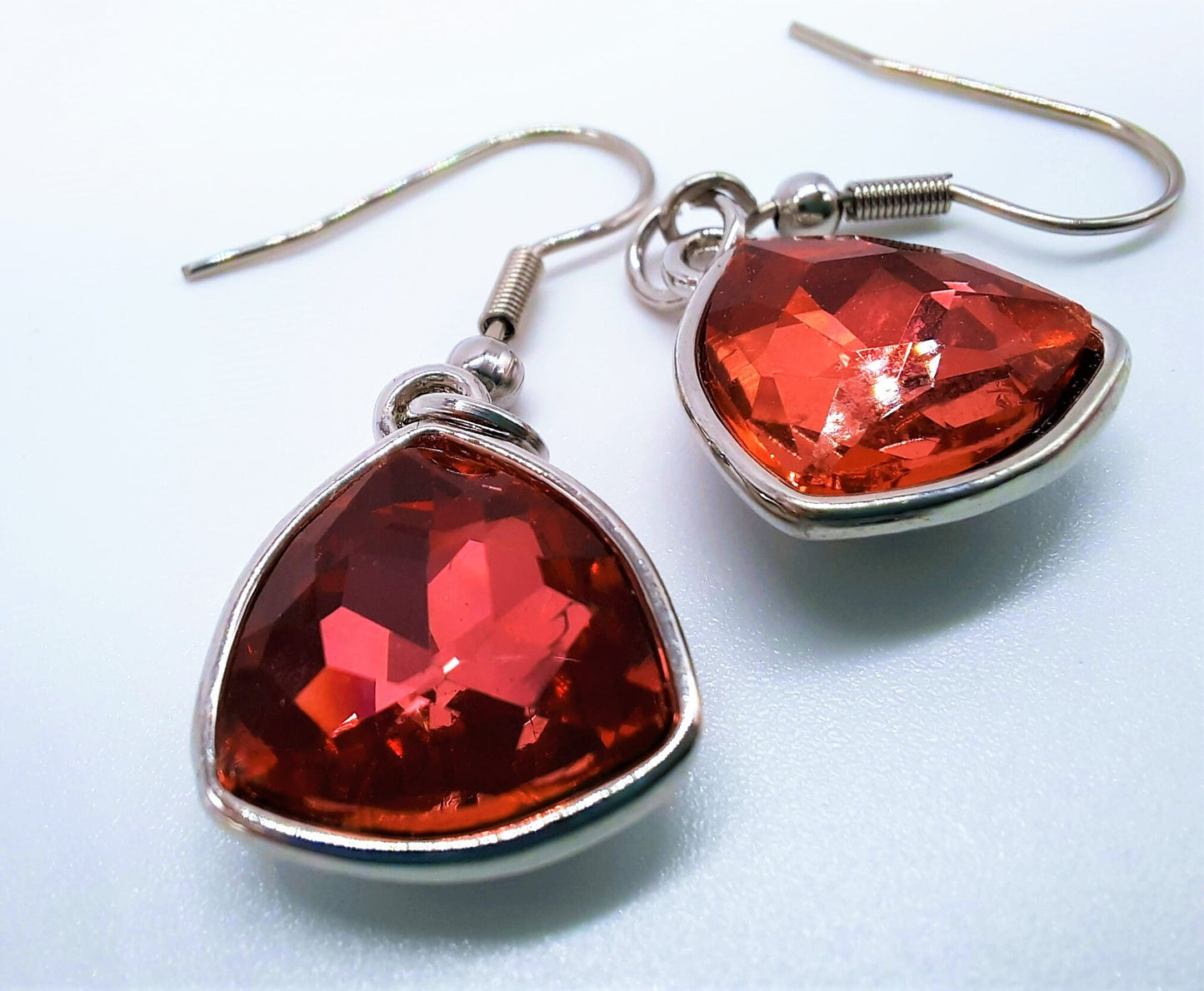 Handmade / Handcrafted Multifaceted Red Rhinestone Triangle Pendant Earrings - Hypoallergenic Stainless Steel Ear Wire Hooks - Ruby / Garnet