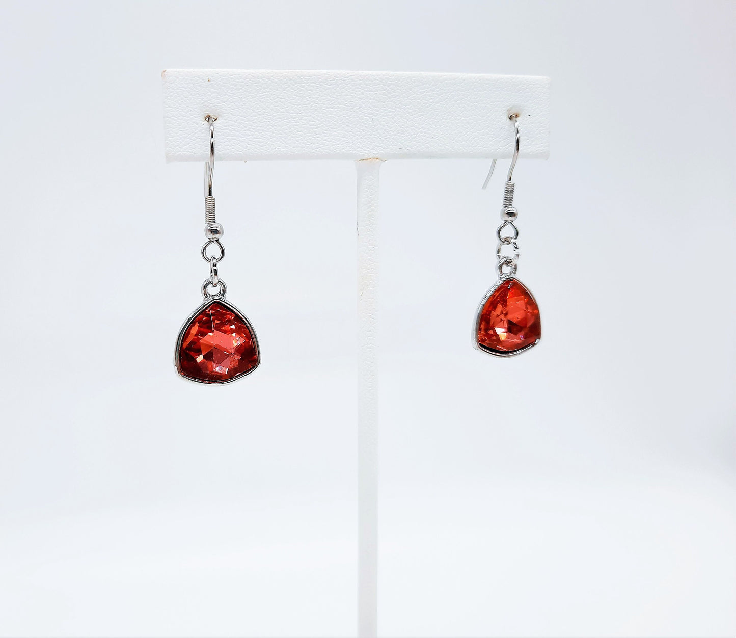 Handmade / Handcrafted Multifaceted Red Rhinestone Triangle Pendant Earrings - Hypoallergenic Stainless Steel Ear Wire Hooks - Ruby / Garnet
