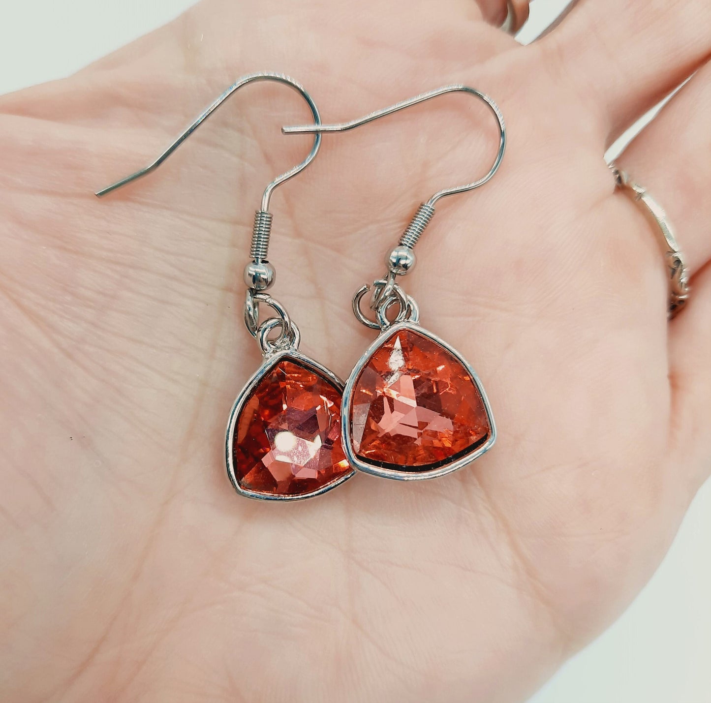 Handmade / Handcrafted Multifaceted Red Rhinestone Triangle Pendant Earrings - Hypoallergenic Stainless Steel Ear Wire Hooks - Ruby / Garnet