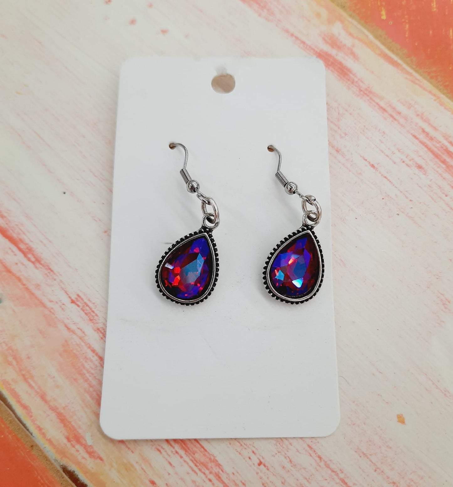 Handmade / Handcrafted Antiqued Silver Pink / Red Rhinestone Teardrop Pendant Earrings - Hypoallergenic Stainless Steel Ear Wire Hooks