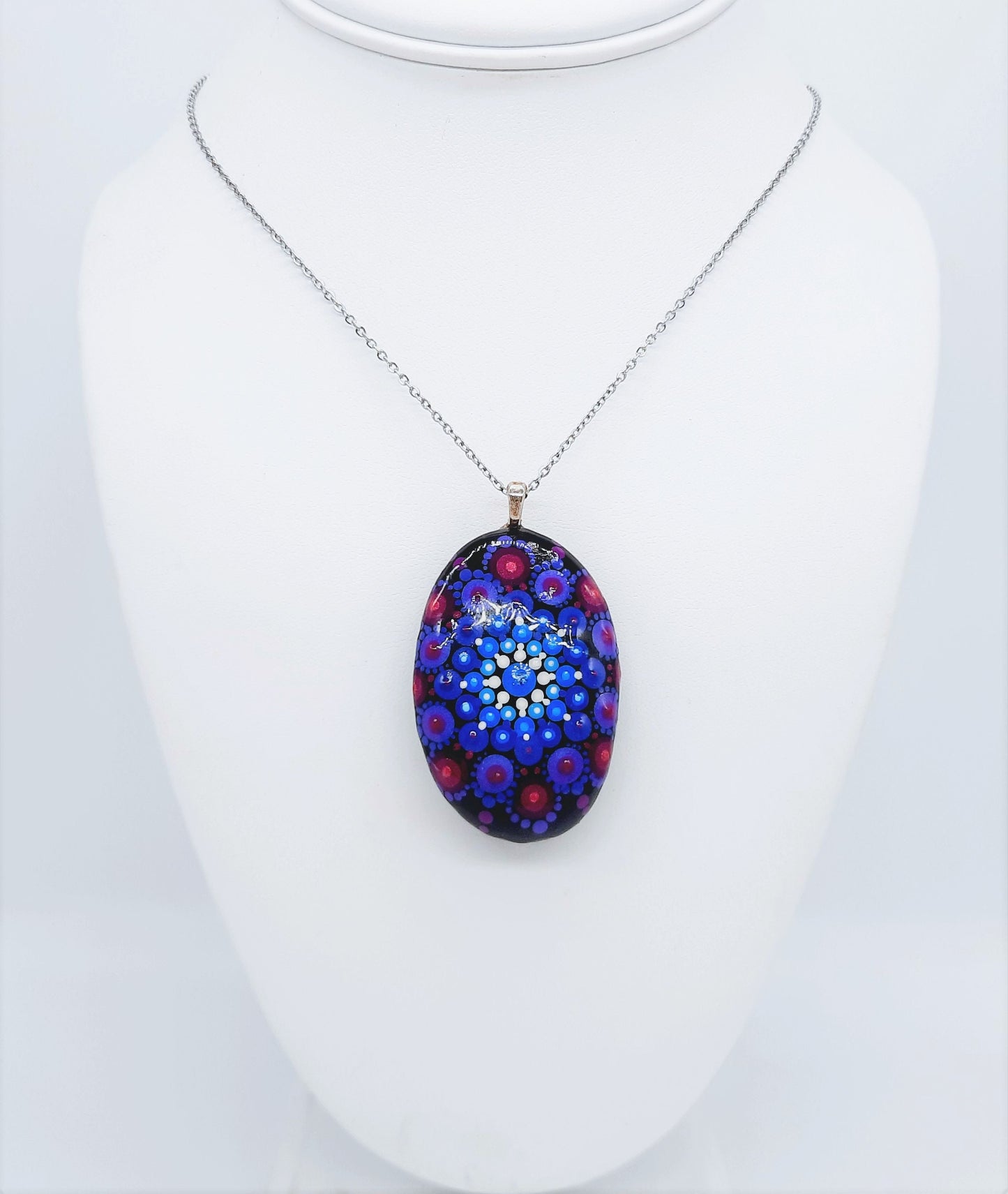 Handpainted Purple / Blue Mandala Necklace, Stone / Rock Pendant, Sealed w Resin, Hypoallergenic Stainless Steel Chain, Lobster Claw Closure