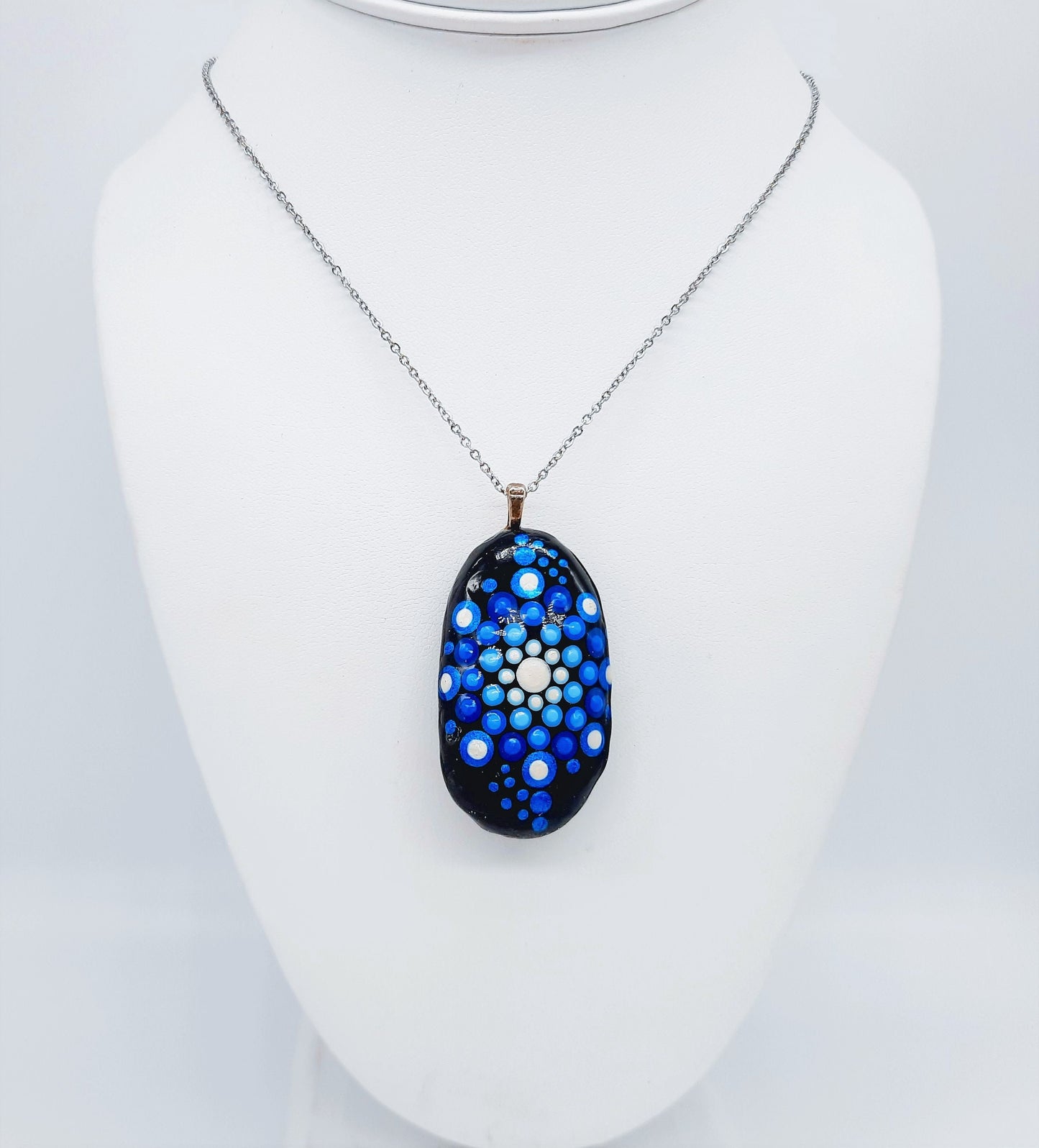 Handpainted Blue Dot Mandala Necklace, Stone / Rock Pendant, Sealed w/ Resin, Hypoallergenic Stainless Steel Chain, Lobster Claw Closure