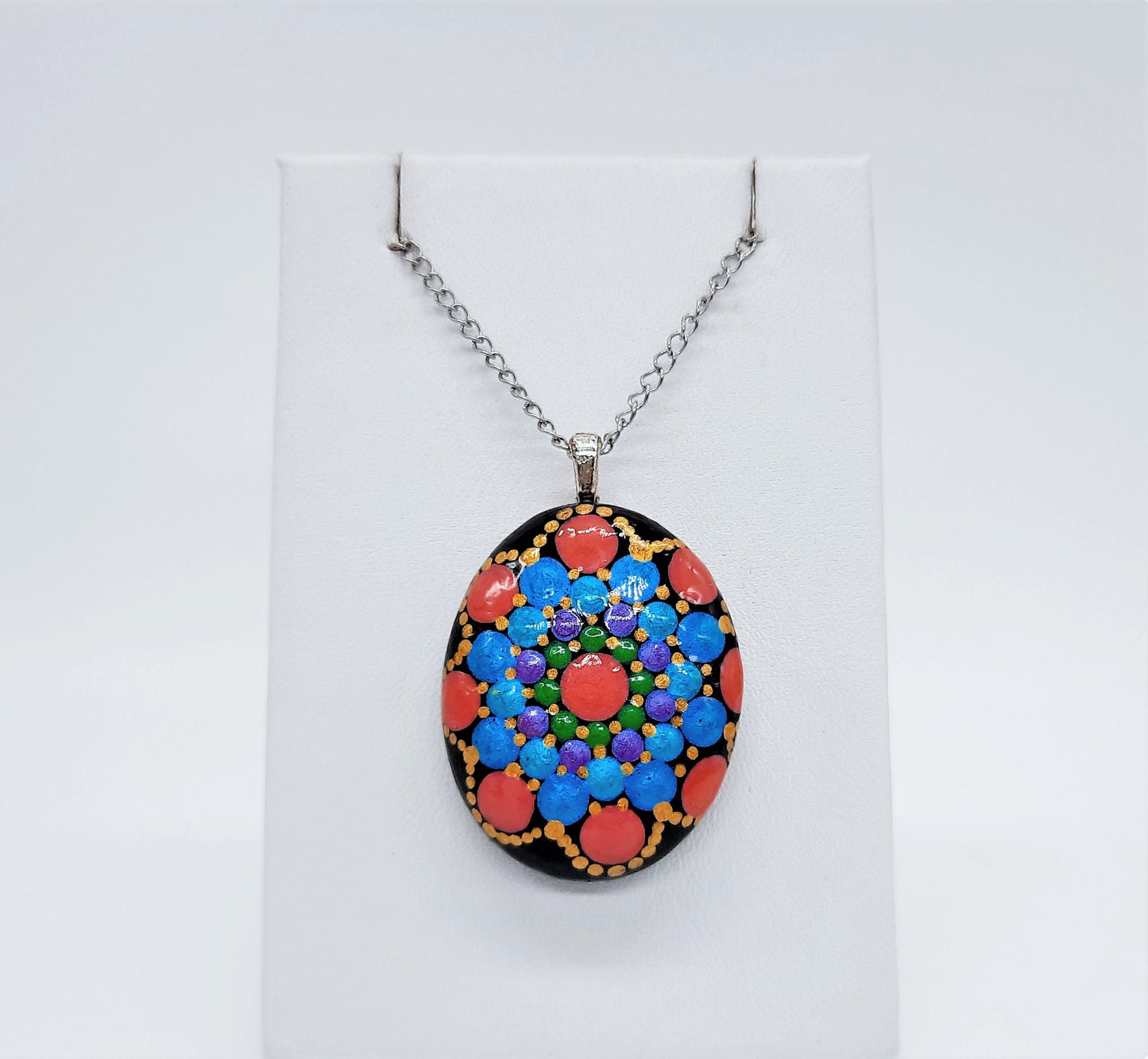 Handpainted Pearlescent Dot Mandala Necklace, Stone Pendant, Sealed w/ Resin, Hypoallergenic Stainless Steel Chain, Lobster Claw Closure