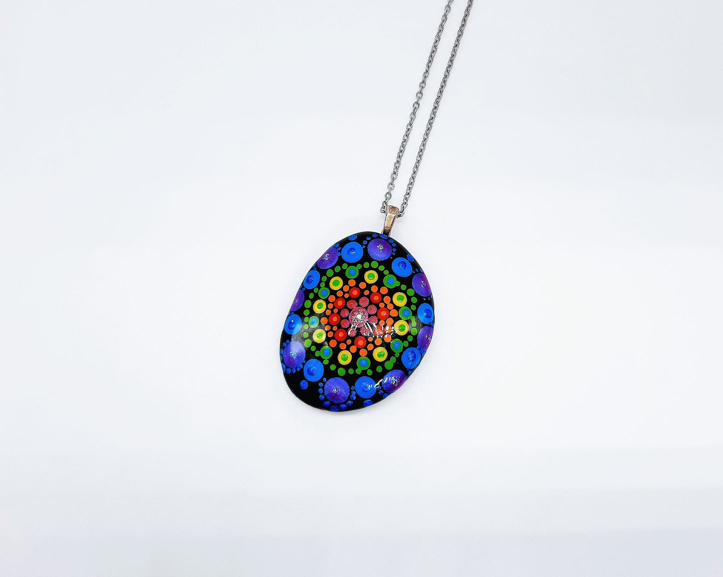 Handpainted Rainbow Dot Mandala Necklace, Stone / Rock Pendant, Sealed w/ Resin, Hypoallergenic Stainless Steel Chain, Lobster Claw Closure