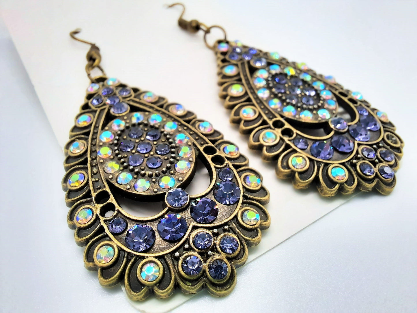 Handmade / Handcrafted Antiqued Brass / Bronze Aurora Borealis & Purple Rhinestone Intricate Filigree Teardrop Pendant Dangle Earrings