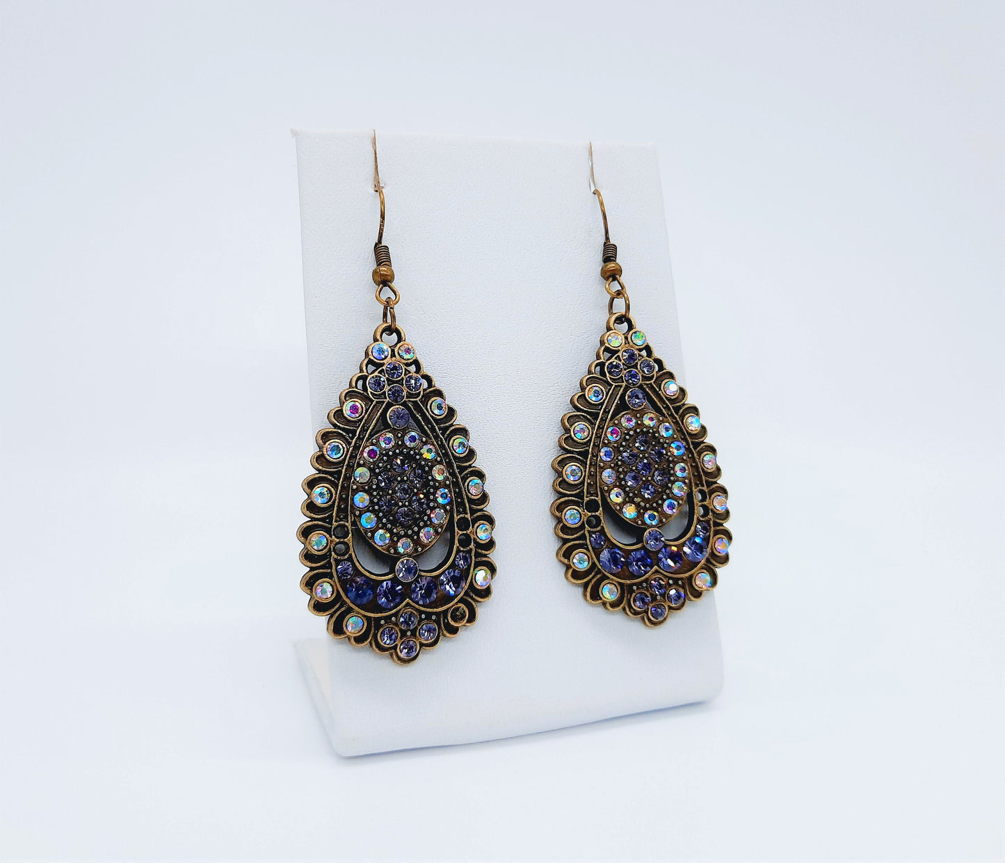 Handmade / Handcrafted Antiqued Brass / Bronze Aurora Borealis & Purple Rhinestone Intricate Filigree Teardrop Pendant Dangle Earrings