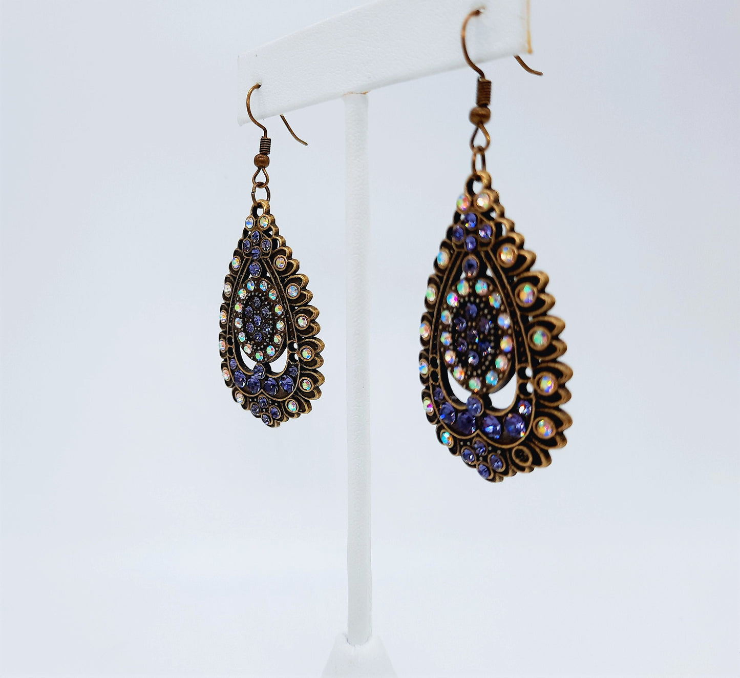 Handmade / Handcrafted Antiqued Brass / Bronze Aurora Borealis & Purple Rhinestone Intricate Filigree Teardrop Pendant Dangle Earrings