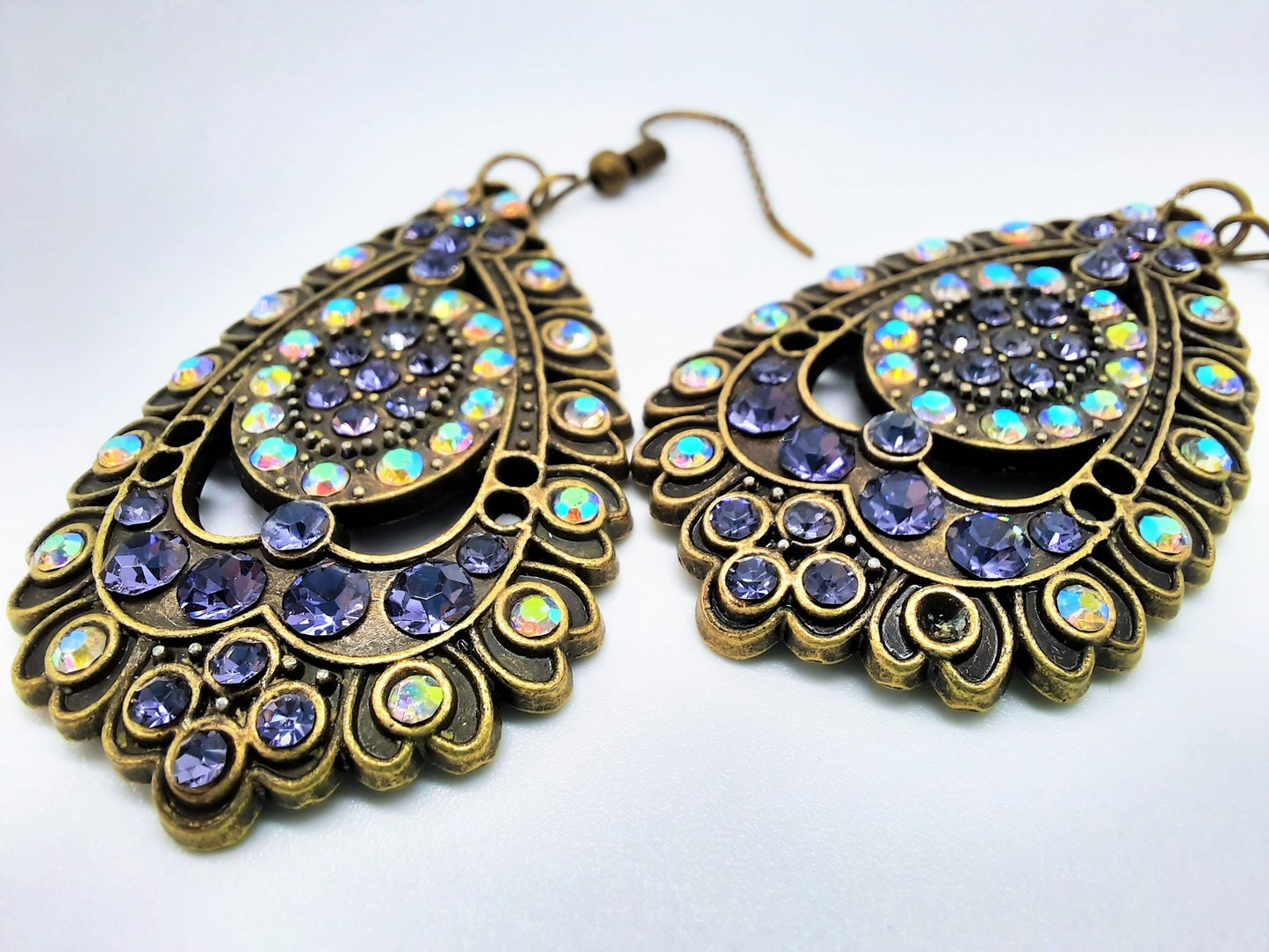 Handmade / Handcrafted Antiqued Brass / Bronze Aurora Borealis & Purple Rhinestone Intricate Filigree Teardrop Pendant Dangle Earrings