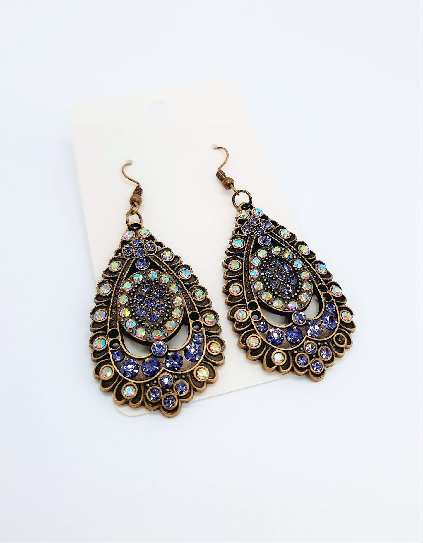 Handmade / Handcrafted Antiqued Brass / Bronze Aurora Borealis & Purple Rhinestone Intricate Filigree Teardrop Pendant Dangle Earrings
