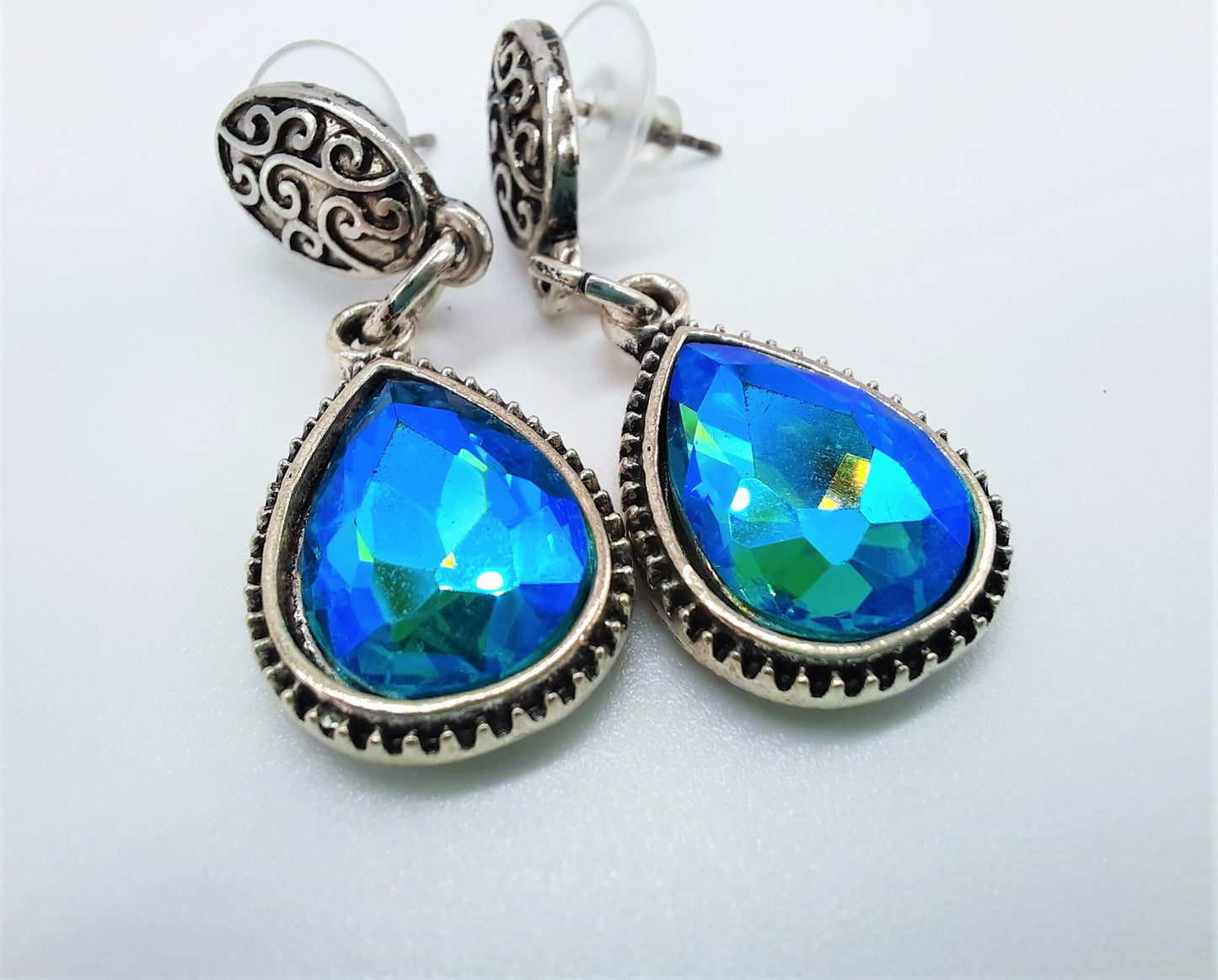 Handmade / Handcrafted Antiqued Silver Teal Blue Rhinestone Teardrop Pendant Earrings - Intricate Filigree Scroll Posts / Studs