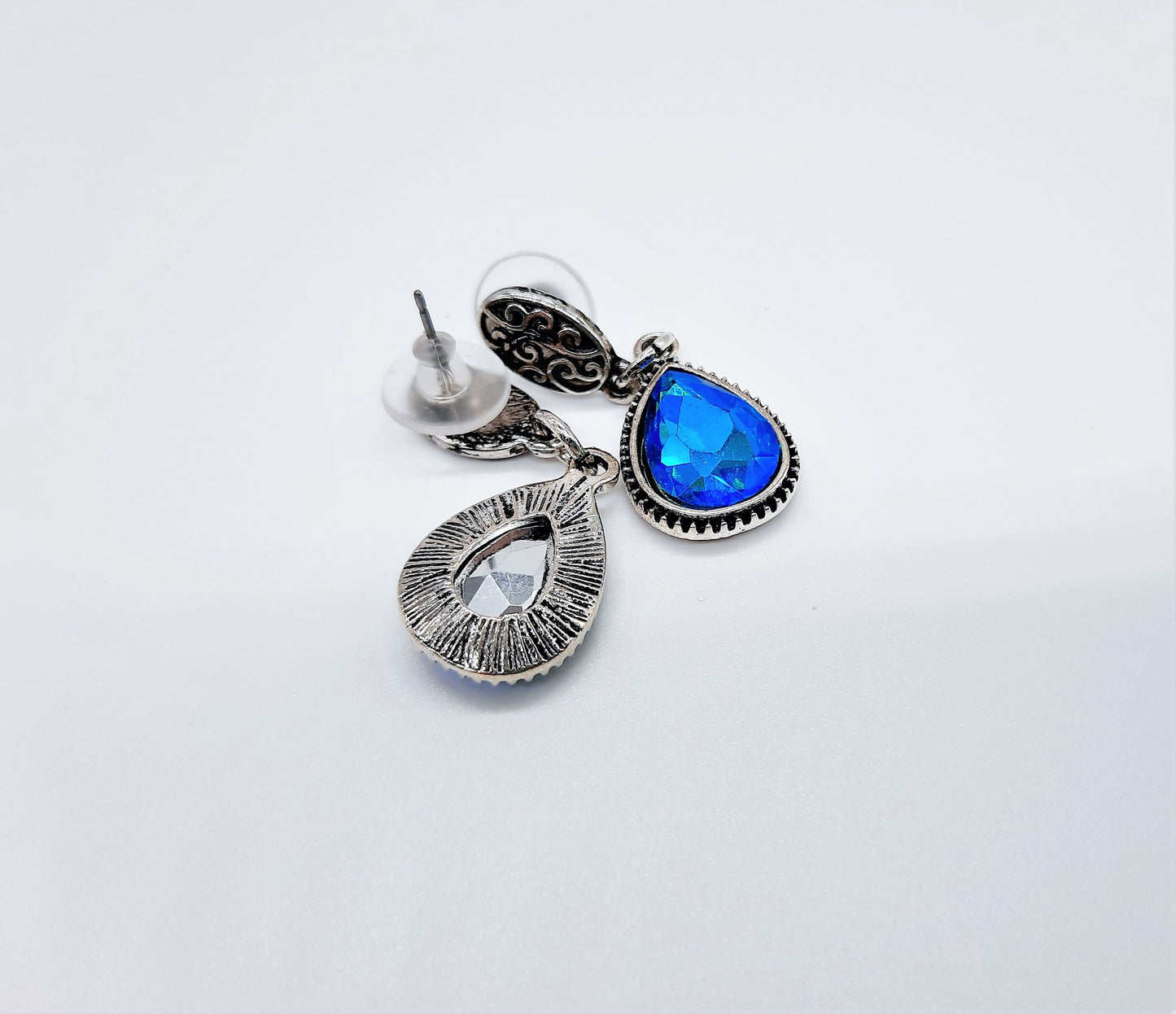 Handmade / Handcrafted Antiqued Silver Teal Blue Rhinestone Teardrop Pendant Earrings - Intricate Filigree Scroll Posts / Studs
