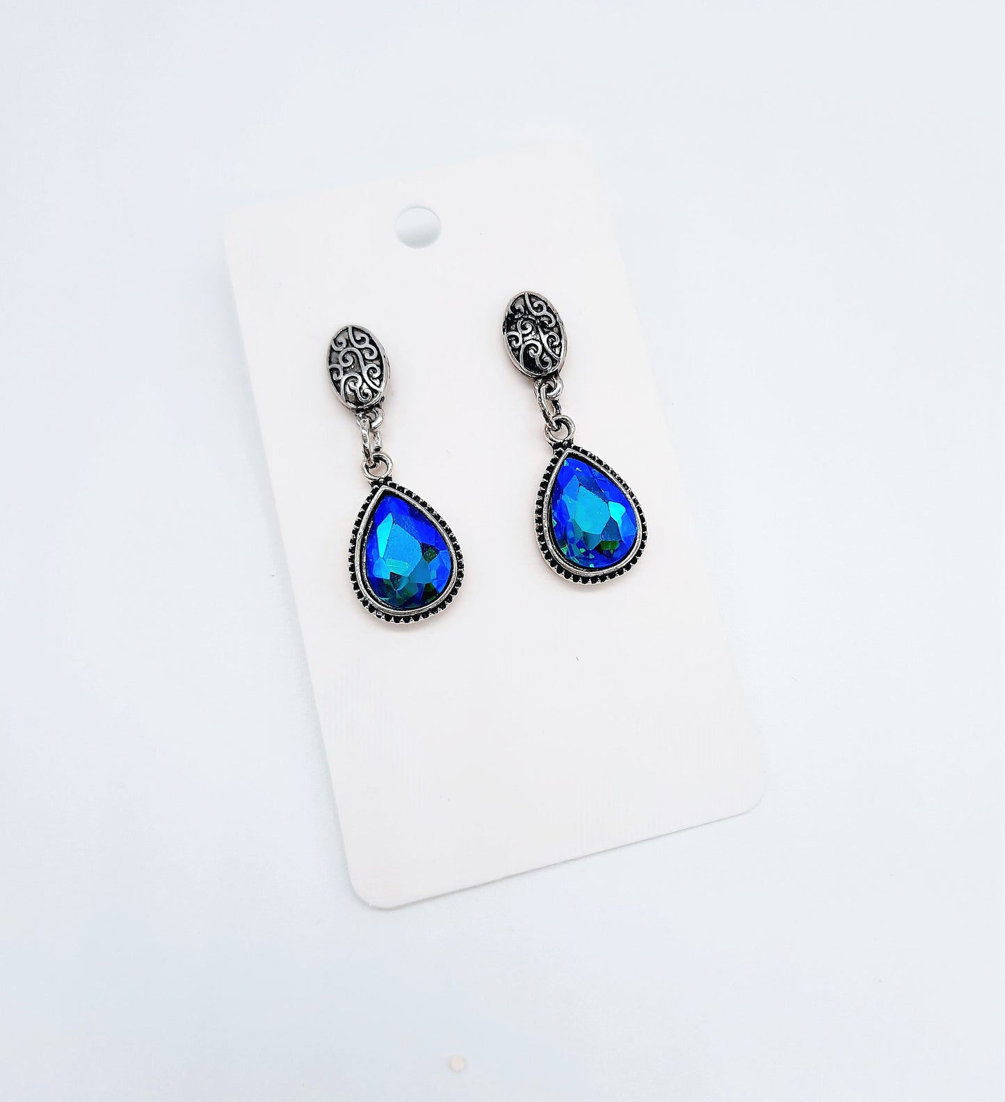 Handmade / Handcrafted Antiqued Silver Teal Blue Rhinestone Teardrop Pendant Earrings - Intricate Filigree Scroll Posts / Studs