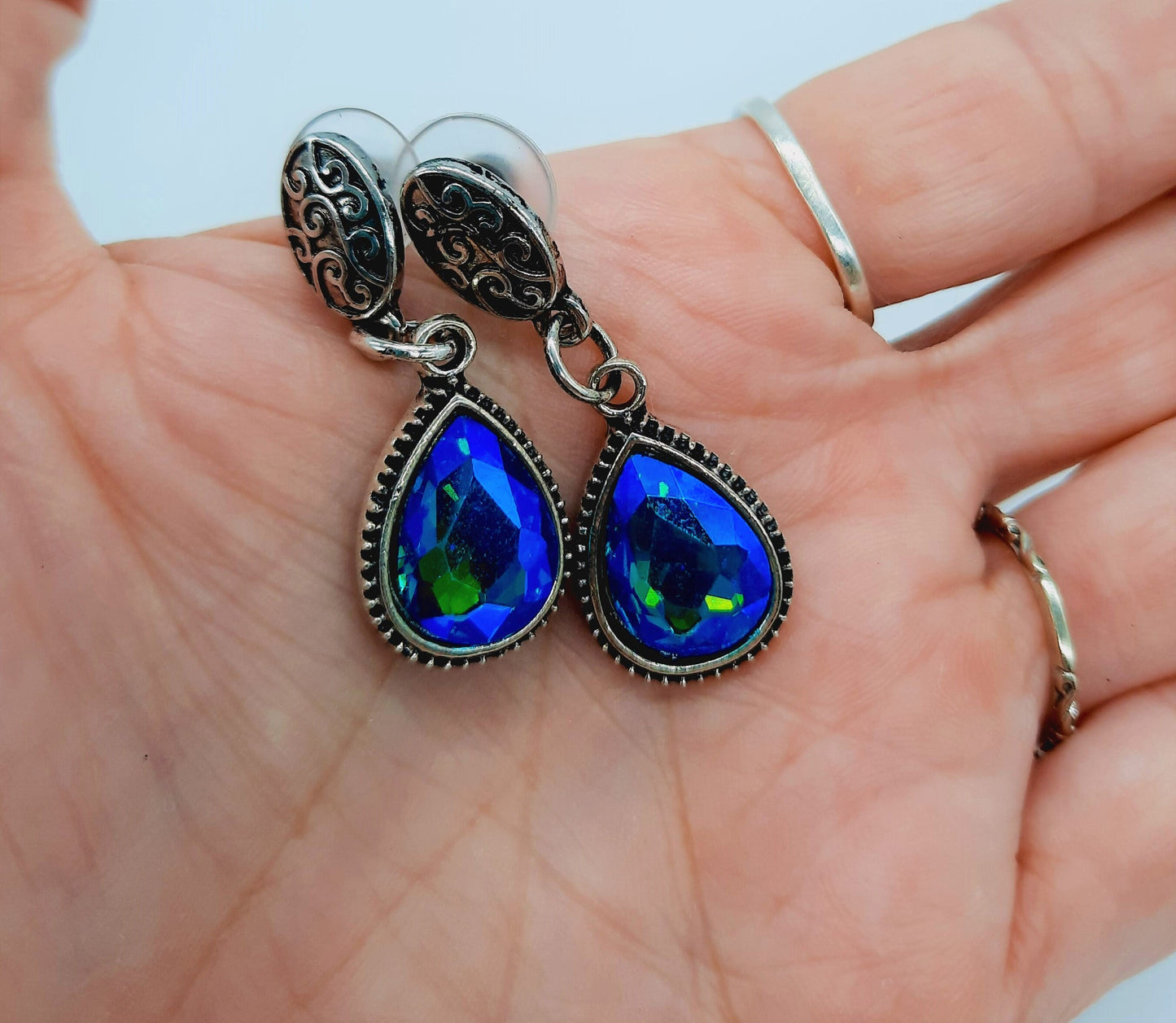 Handmade / Handcrafted Antiqued Silver Teal Blue Rhinestone Teardrop Pendant Earrings - Intricate Filigree Scroll Posts / Studs