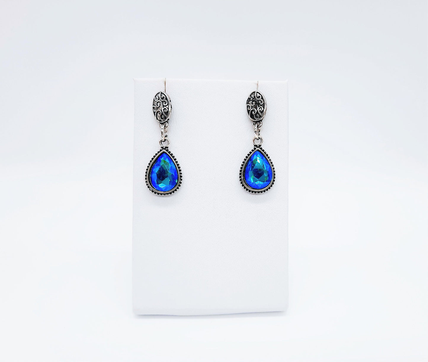 Handmade / Handcrafted Antiqued Silver Teal Blue Rhinestone Teardrop Pendant Earrings - Intricate Filigree Scroll Posts / Studs
