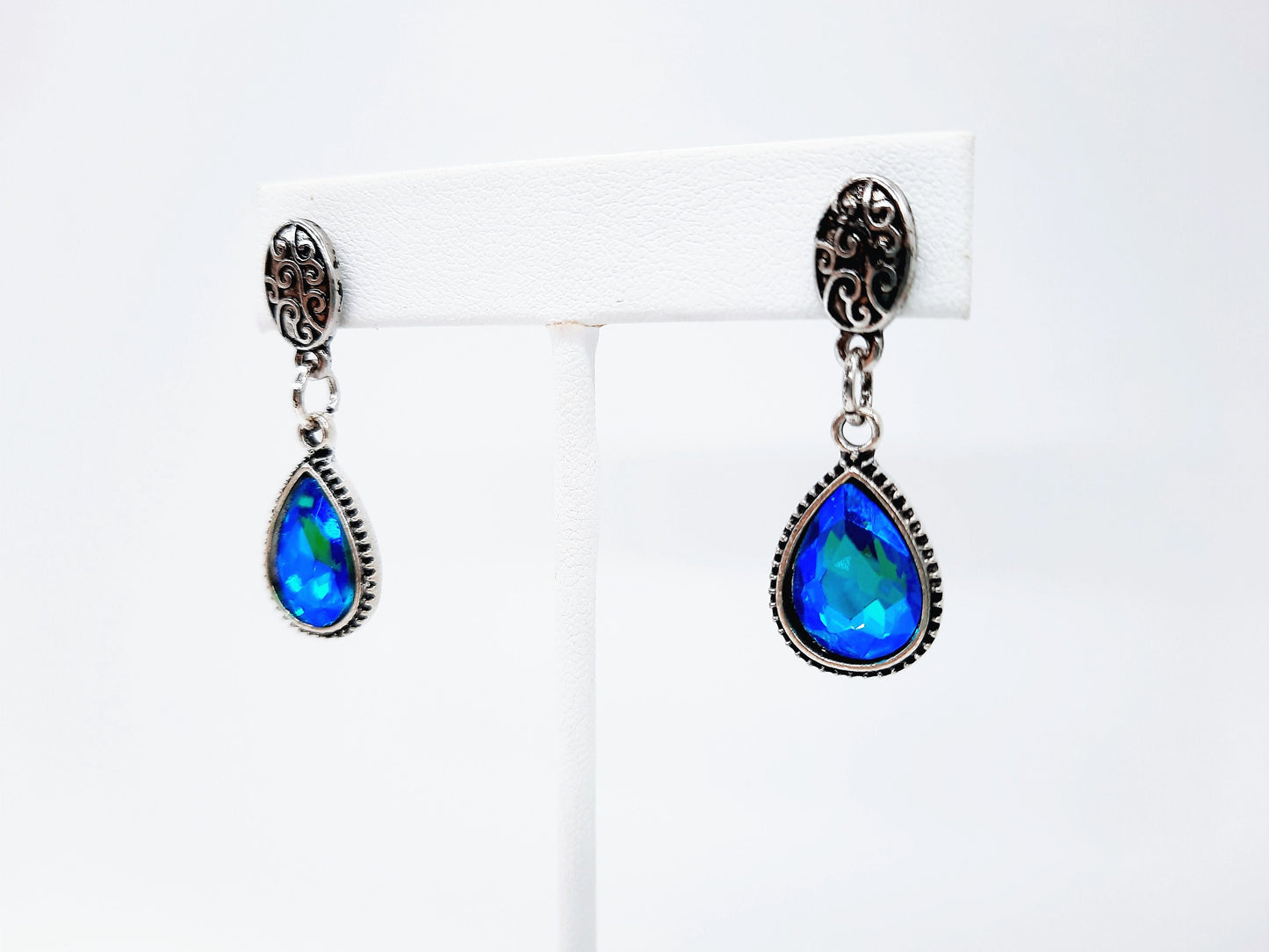 Handmade / Handcrafted Antiqued Silver Teal Blue Rhinestone Teardrop Pendant Earrings - Intricate Filigree Scroll Posts / Studs
