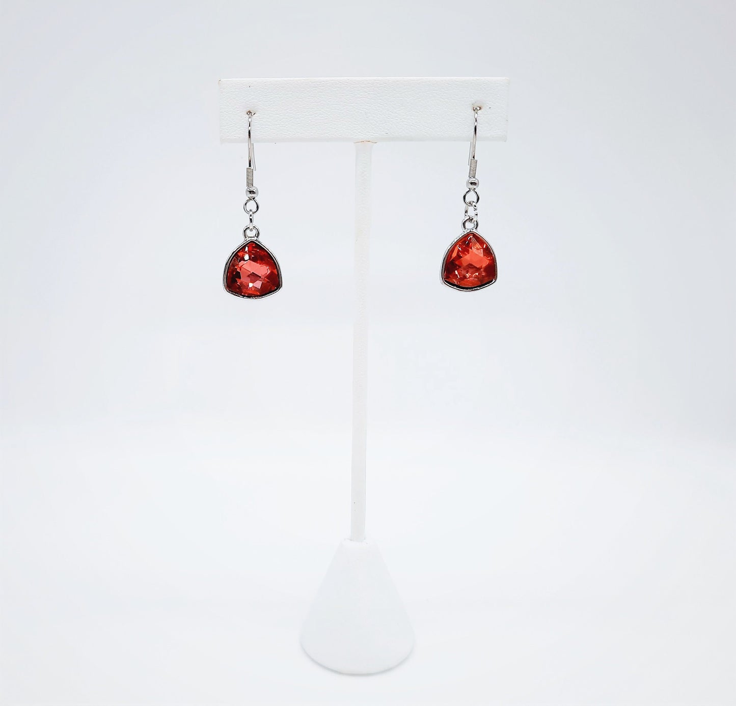 Handmade / Handcrafted Multifaceted Red Rhinestone Triangle Pendant Earrings - Hypoallergenic Stainless Steel Ear Wire Hooks - Ruby / Garnet