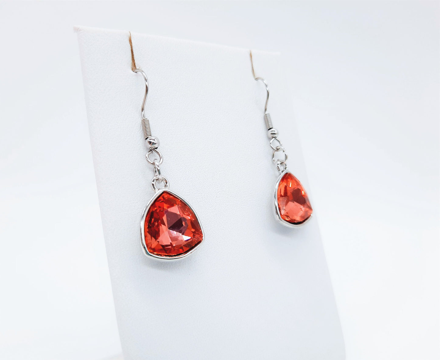 Handmade / Handcrafted Multifaceted Red Rhinestone Triangle Pendant Earrings - Hypoallergenic Stainless Steel Ear Wire Hooks - Ruby / Garnet