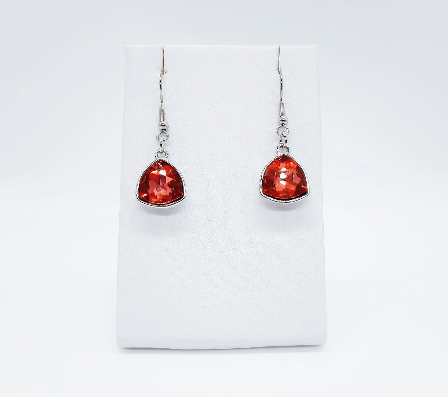 Handmade / Handcrafted Multifaceted Red Rhinestone Triangle Pendant Earrings - Hypoallergenic Stainless Steel Ear Wire Hooks - Ruby / Garnet