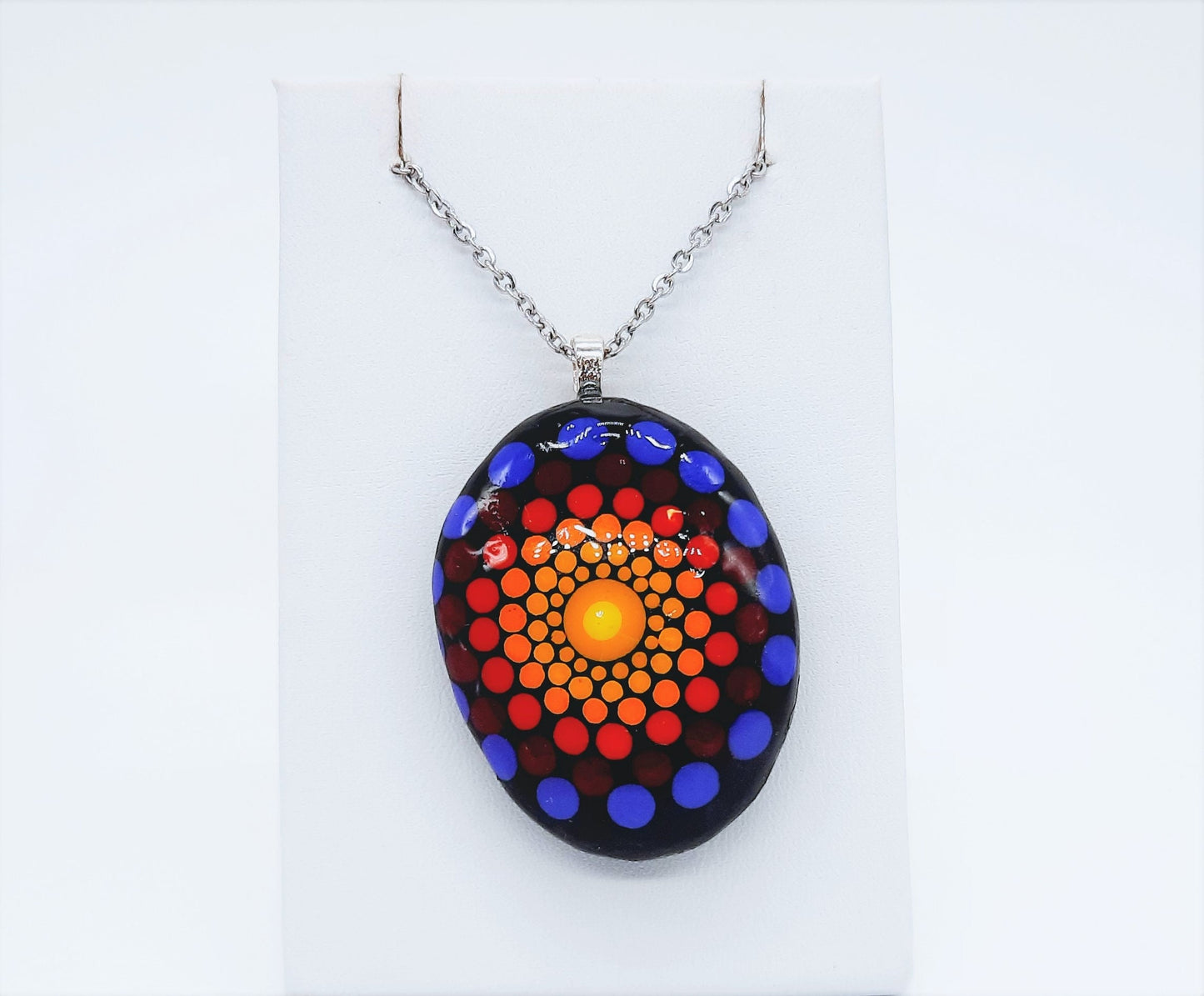 Handpainted Rainbow Dot Mandala Necklace, Stone / Rock Pendant, Sealed w/ Resin, Hypoallergenic Stainless Steel Chain, Lobster Claw Closure