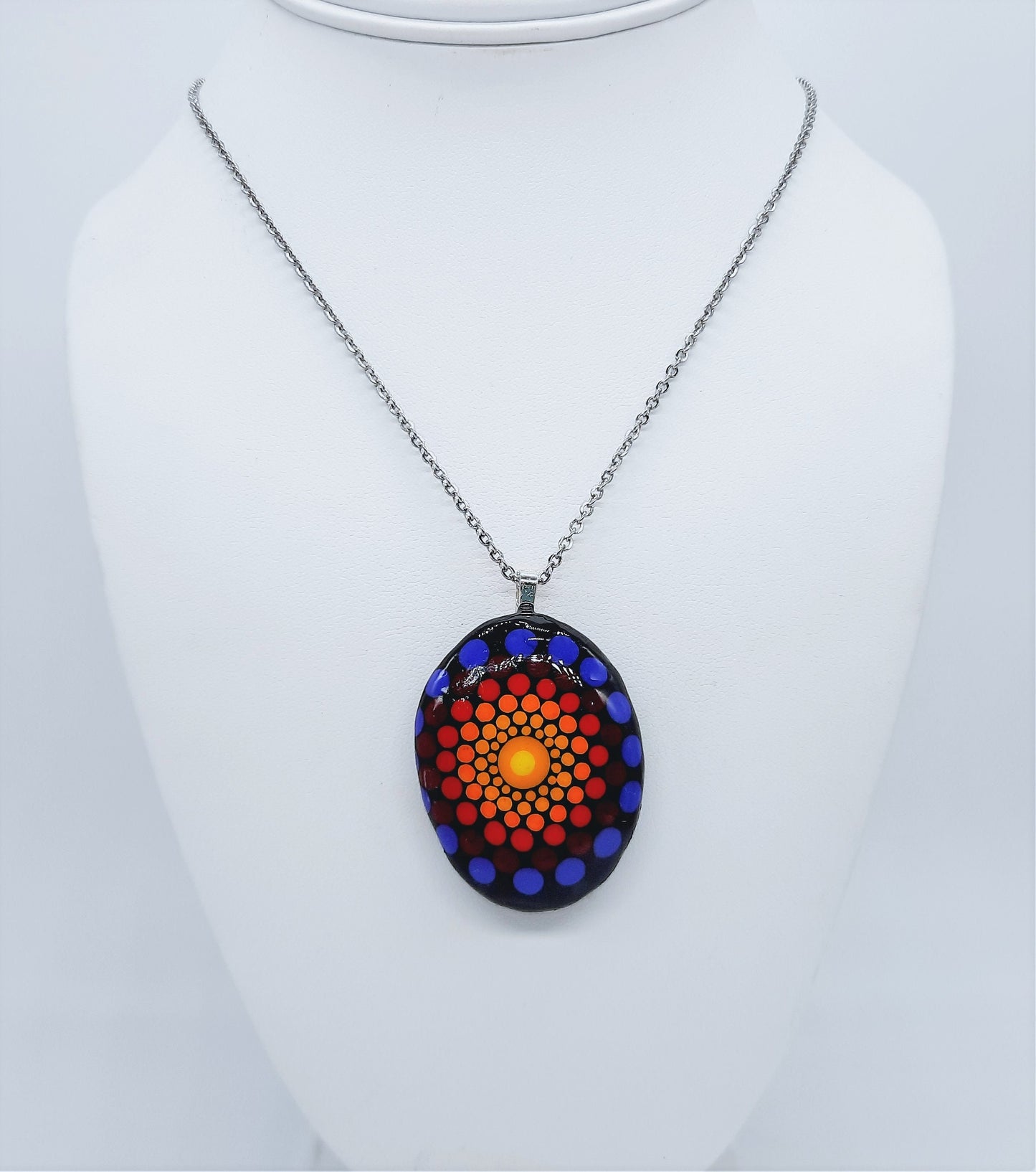 Handpainted Rainbow Dot Mandala Necklace, Stone / Rock Pendant, Sealed w/ Resin, Hypoallergenic Stainless Steel Chain, Lobster Claw Closure