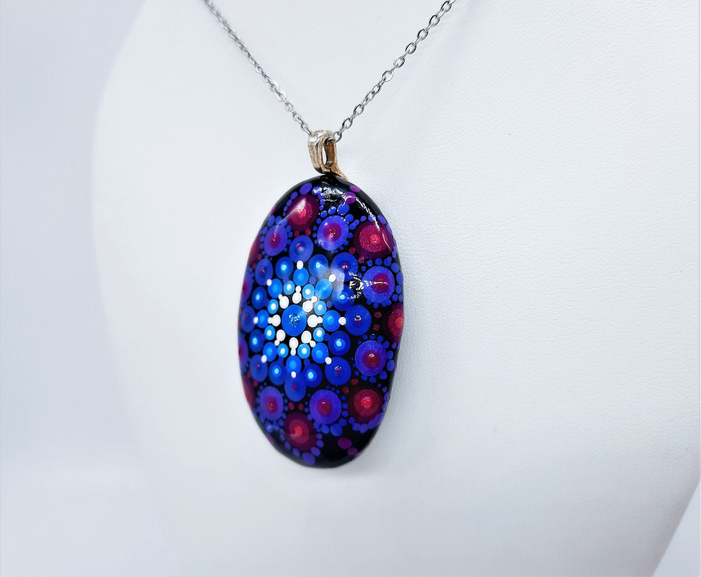 Handpainted Purple / Blue Mandala Necklace, Stone / Rock Pendant, Sealed w Resin, Hypoallergenic Stainless Steel Chain, Lobster Claw Closure