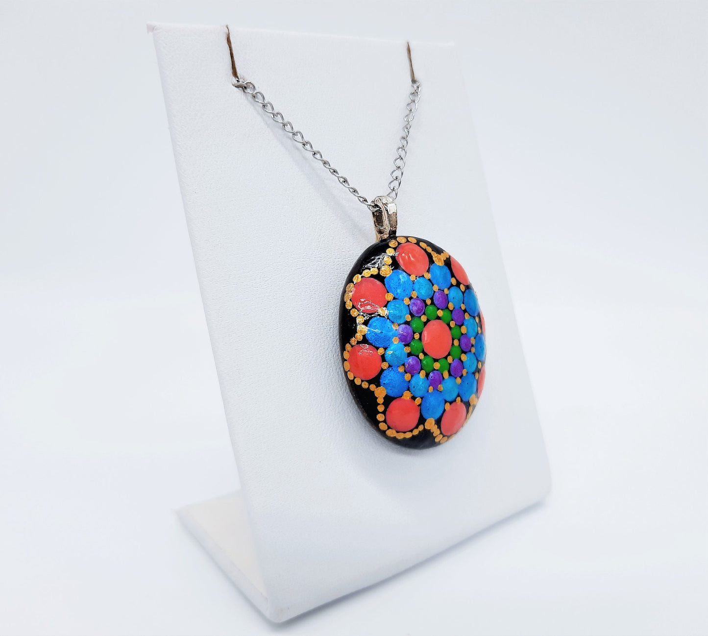 Handpainted Pearlescent Dot Mandala Necklace, Stone Pendant, Sealed w/ Resin, Hypoallergenic Stainless Steel Chain, Lobster Claw Closure