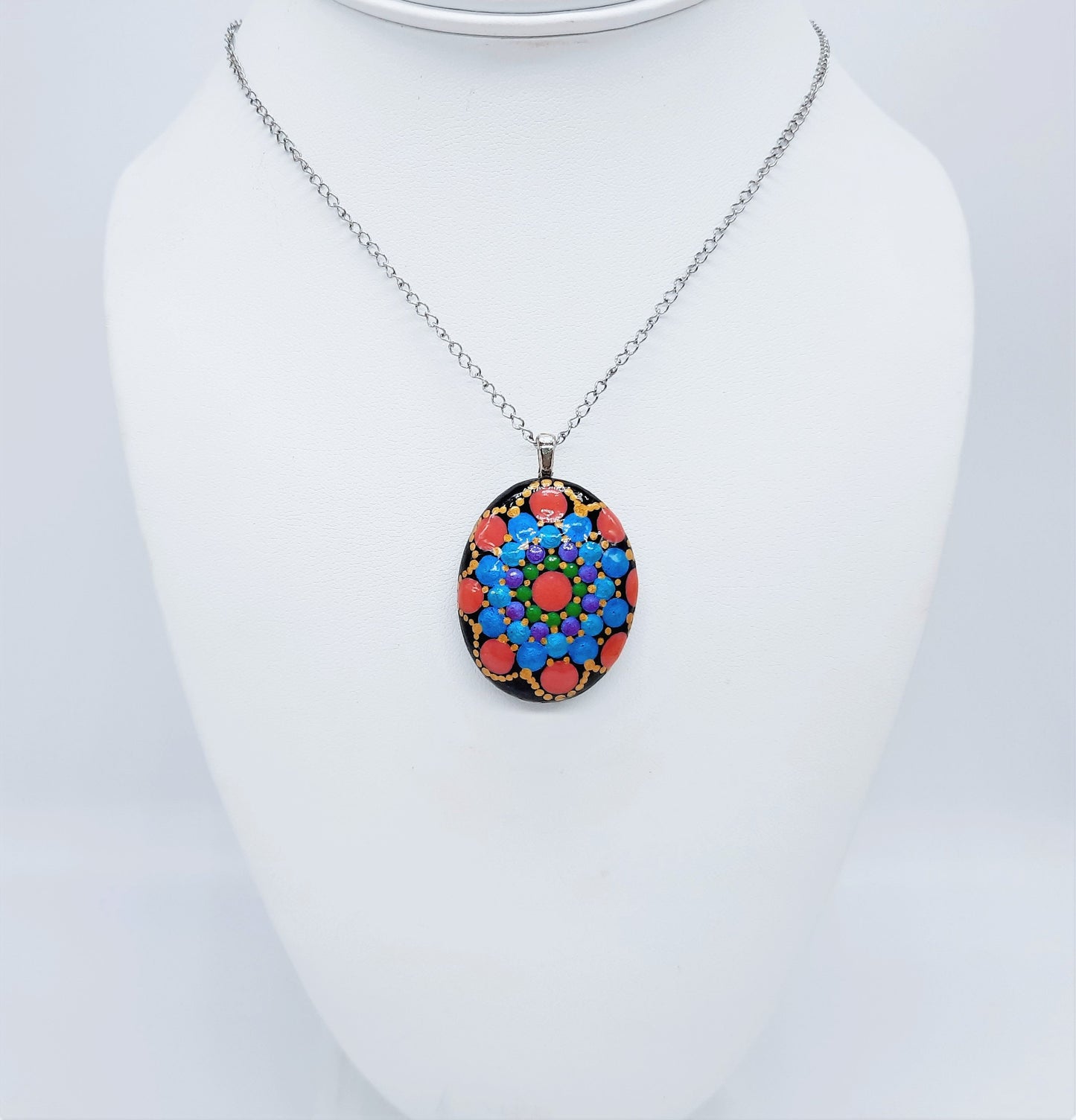 Handpainted Pearlescent Dot Mandala Necklace, Stone Pendant, Sealed w/ Resin, Hypoallergenic Stainless Steel Chain, Lobster Claw Closure